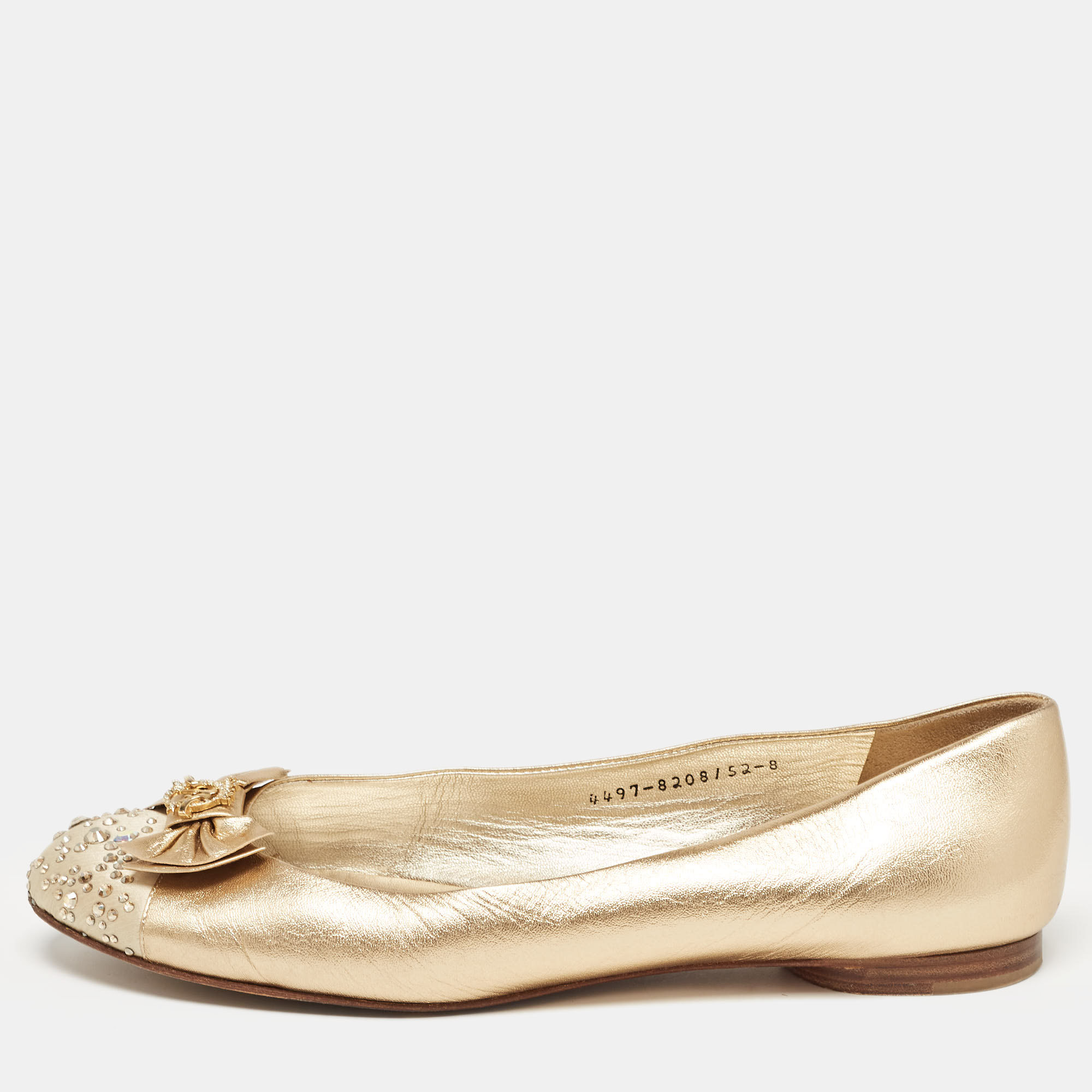 Pre-owned Gina Gold Leather And Crystal Embellished Satin Cap Toe Bow Ballet Flats Size 41