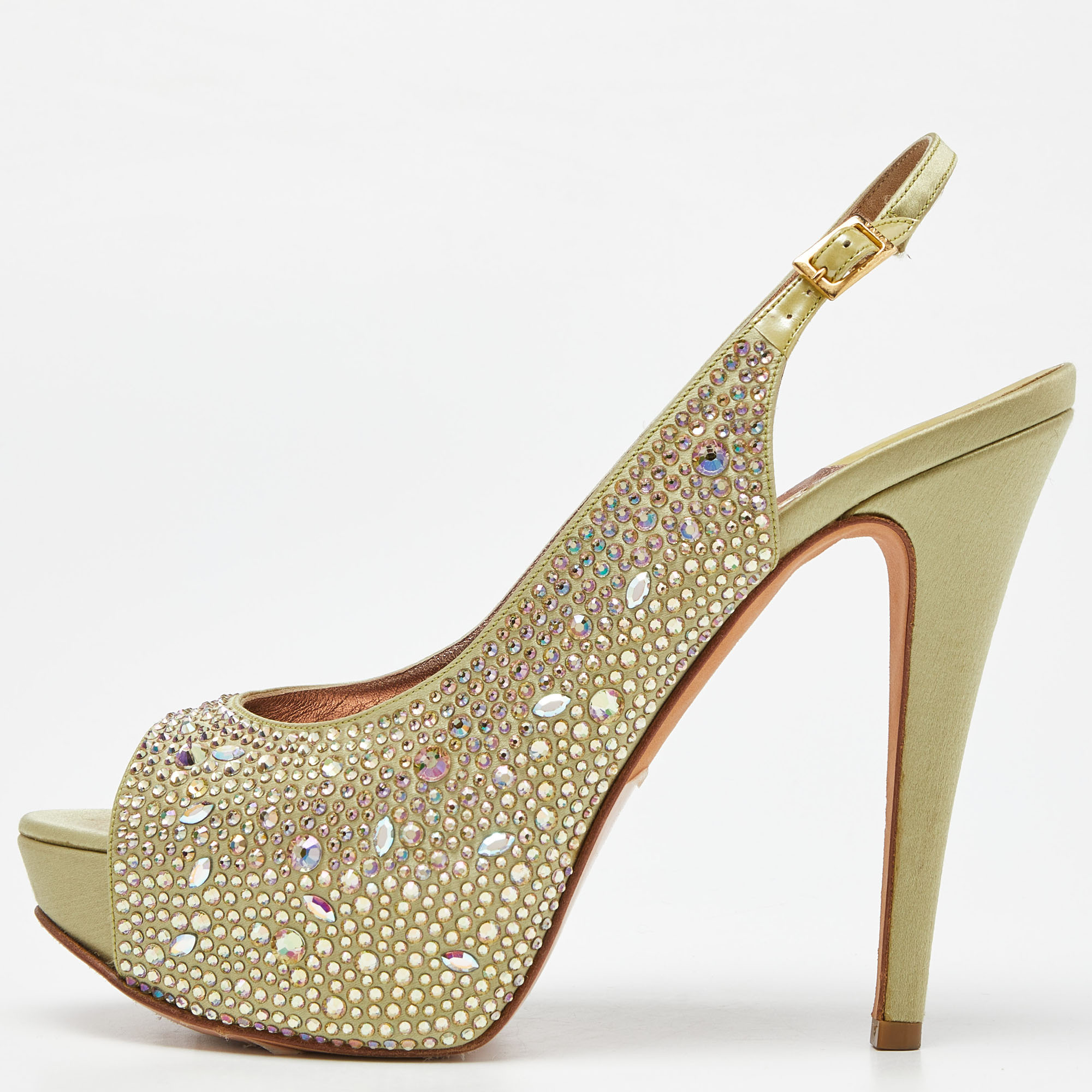 

Gina Green Satin Crystal Embellished Platform Sandals Size