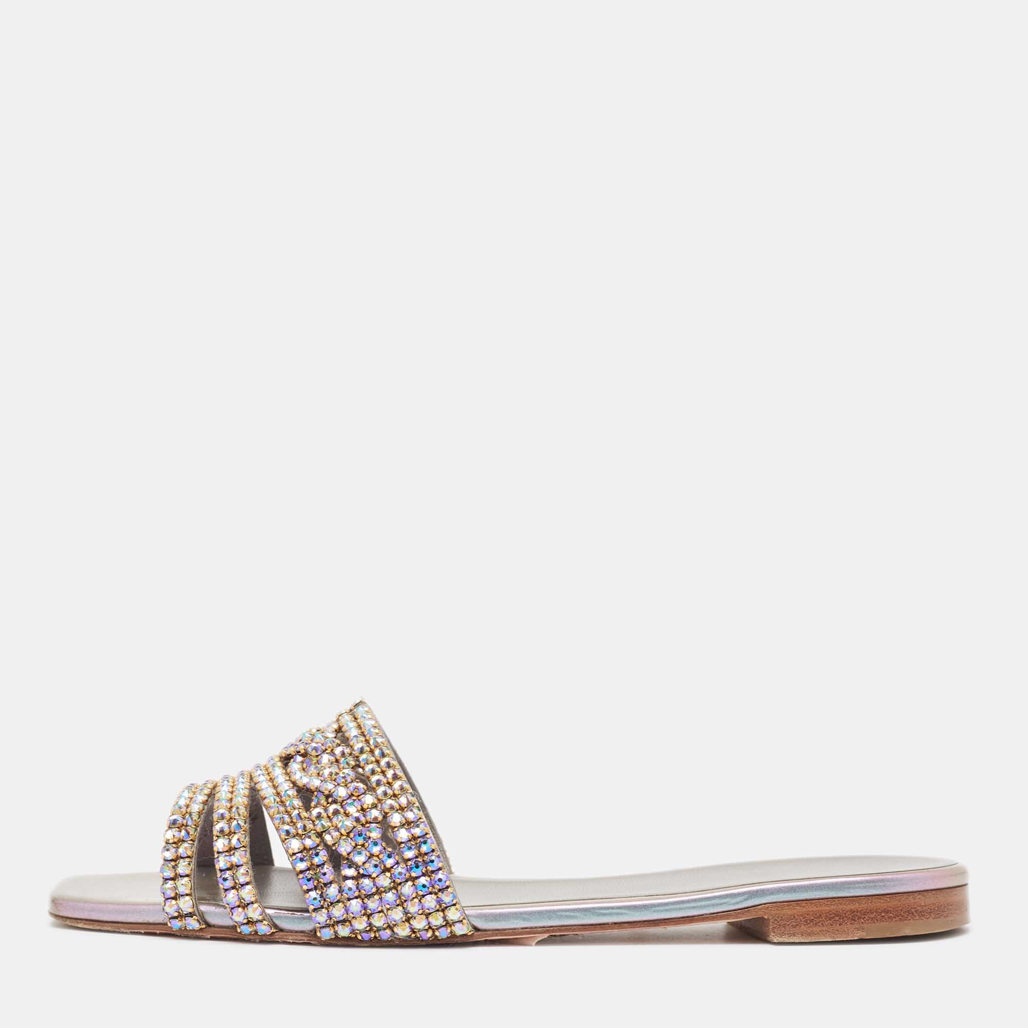 

Gina Silver/Purple Leather Crystal Embellished Flat Slides Size