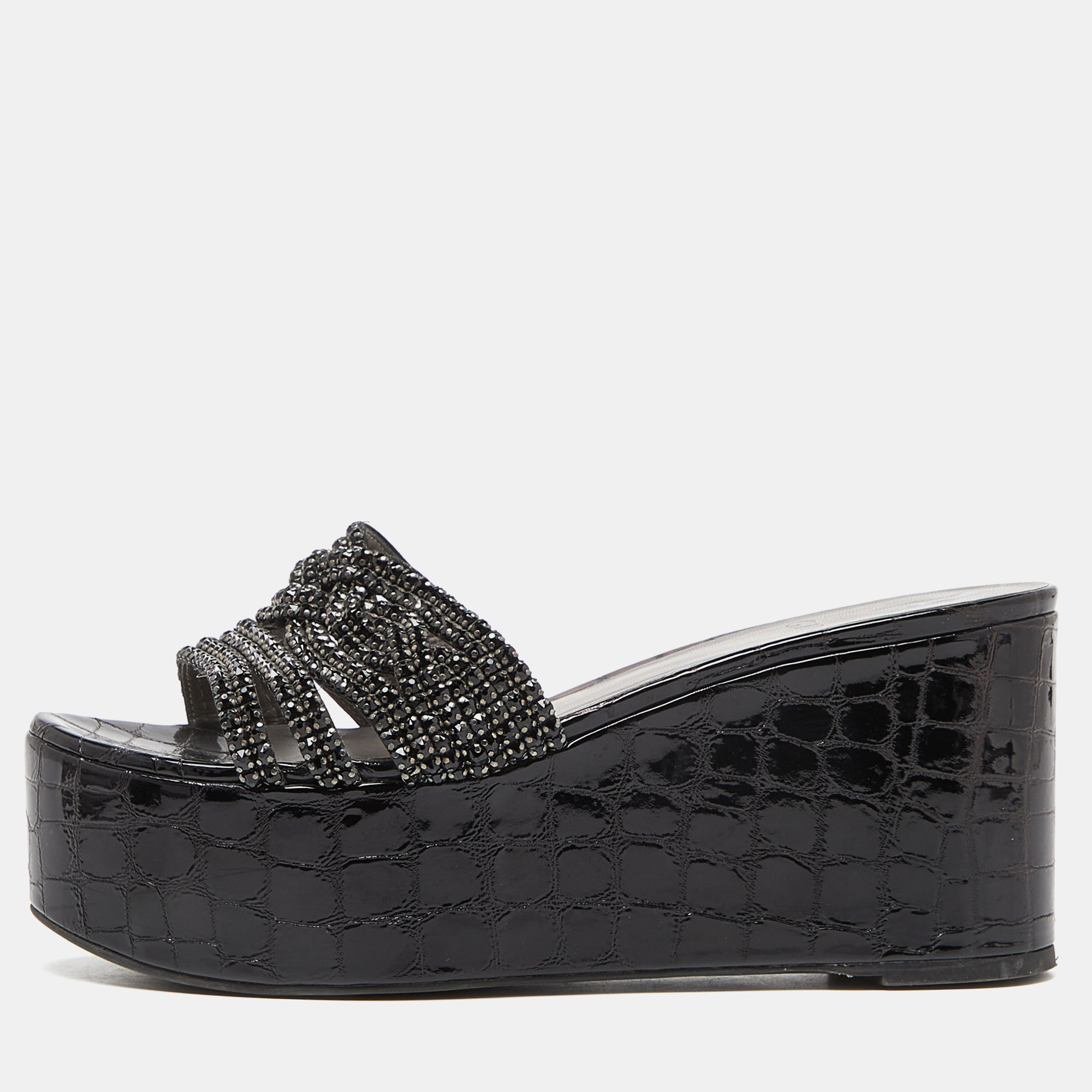 Pre-owned Gina Black Patent Leather Crystal Embellished Wedge Platform Sandals Size 38.5