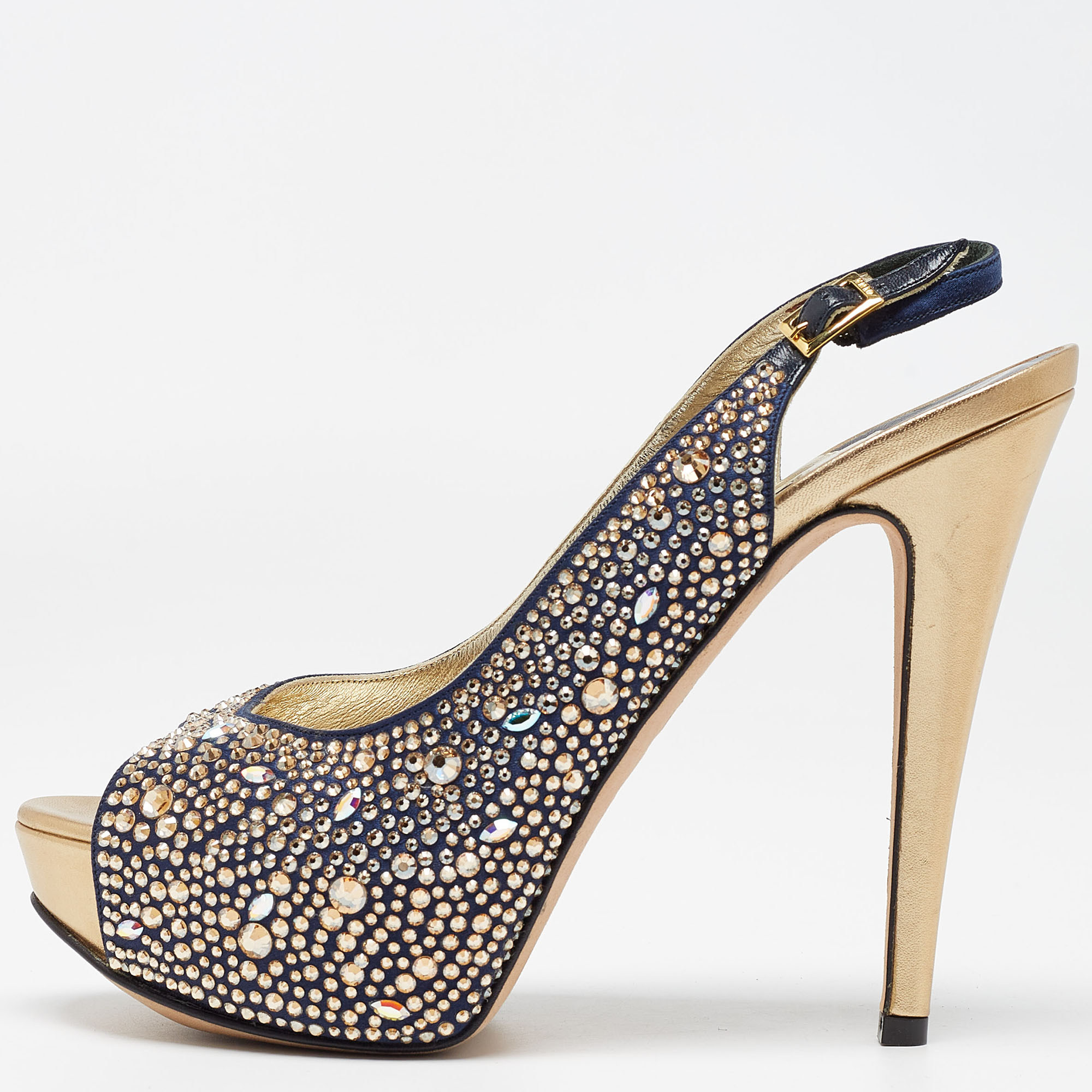 

Gina Navy Blue/Gold Crystal Embellished Satin Open Toe Slingback Sandals Size