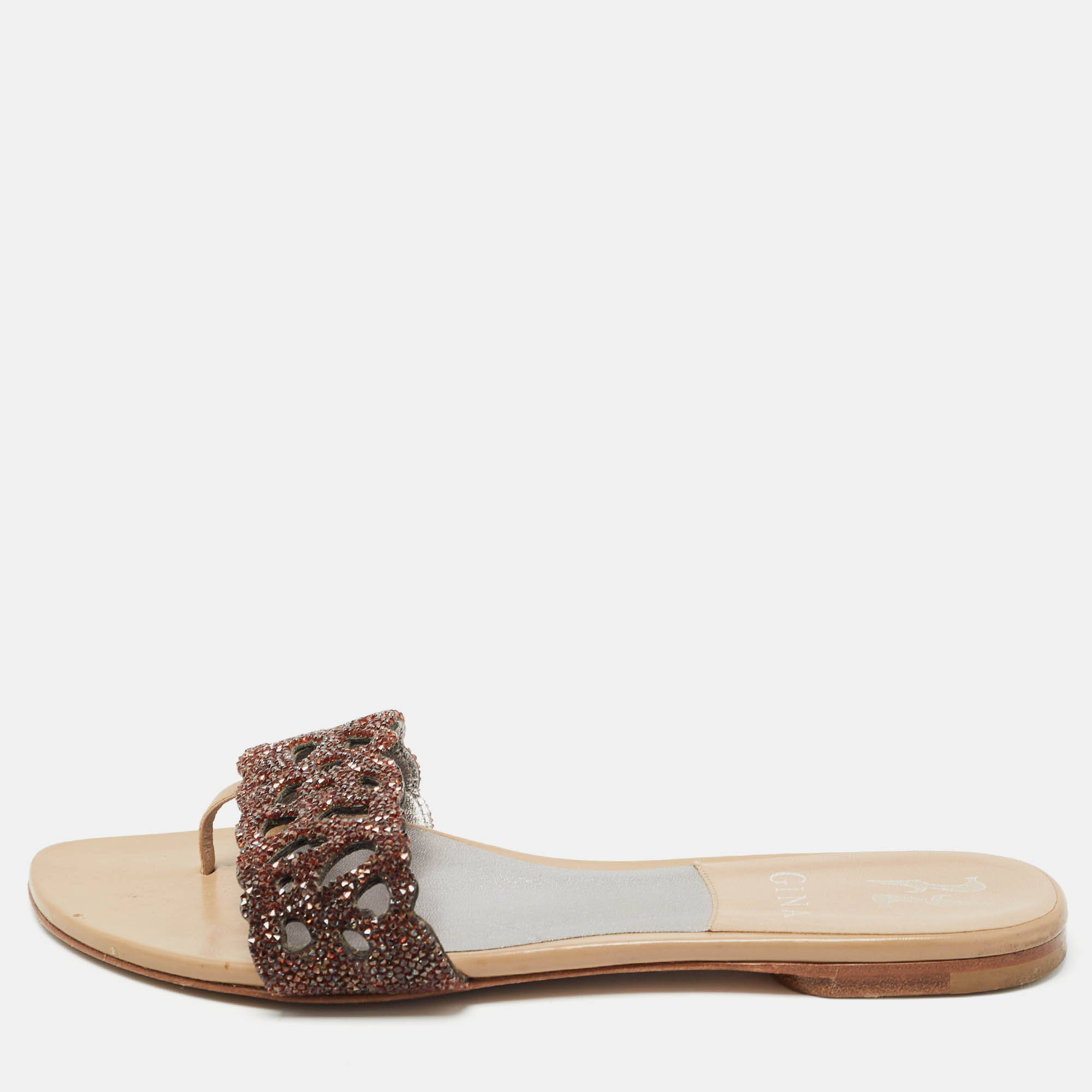 

Gina Brown Crystal Embellished Leather Thong Flat Slides Size
