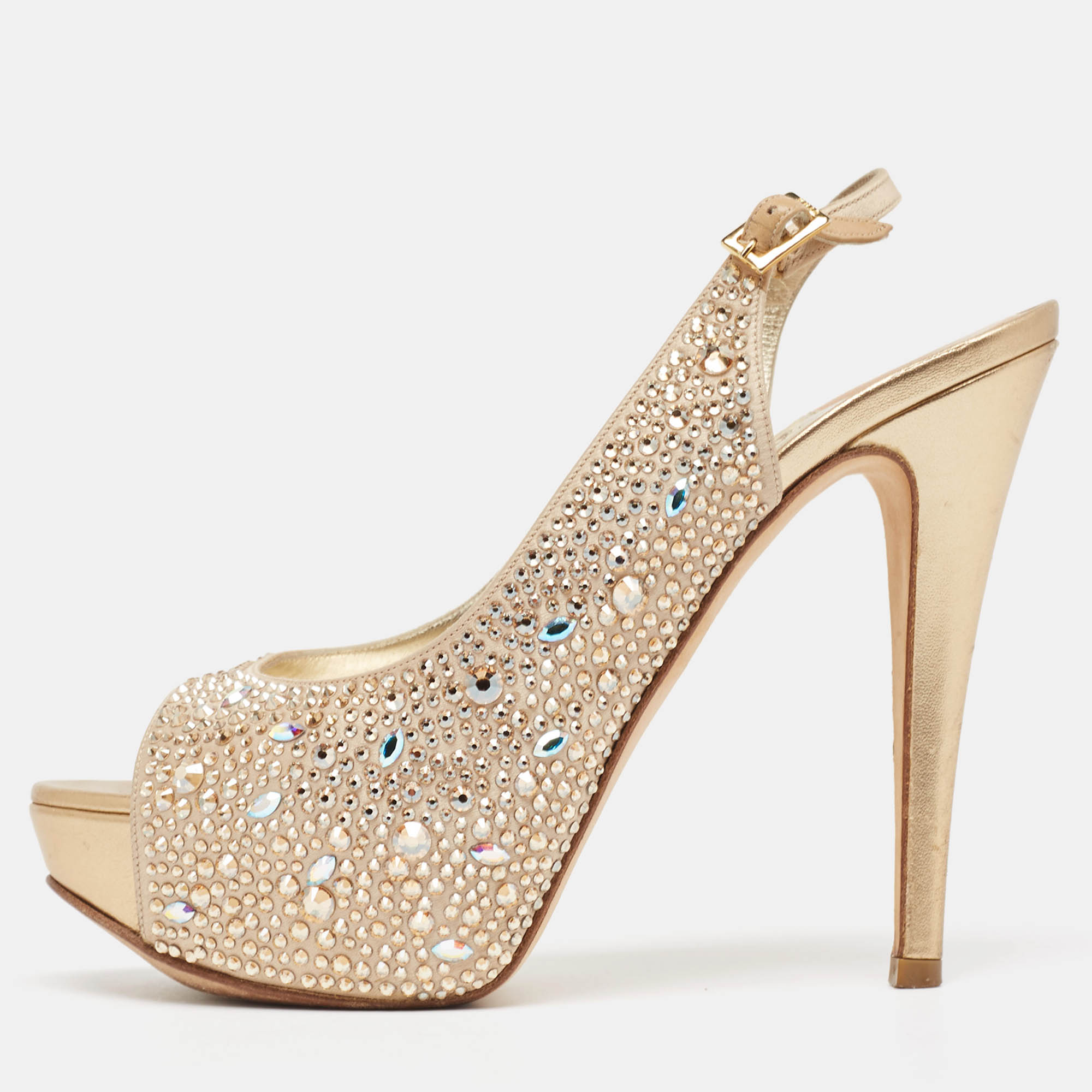 

Gina Gold Crystal Embellished Satin Platform Peep Toe Slingback Sandals Size