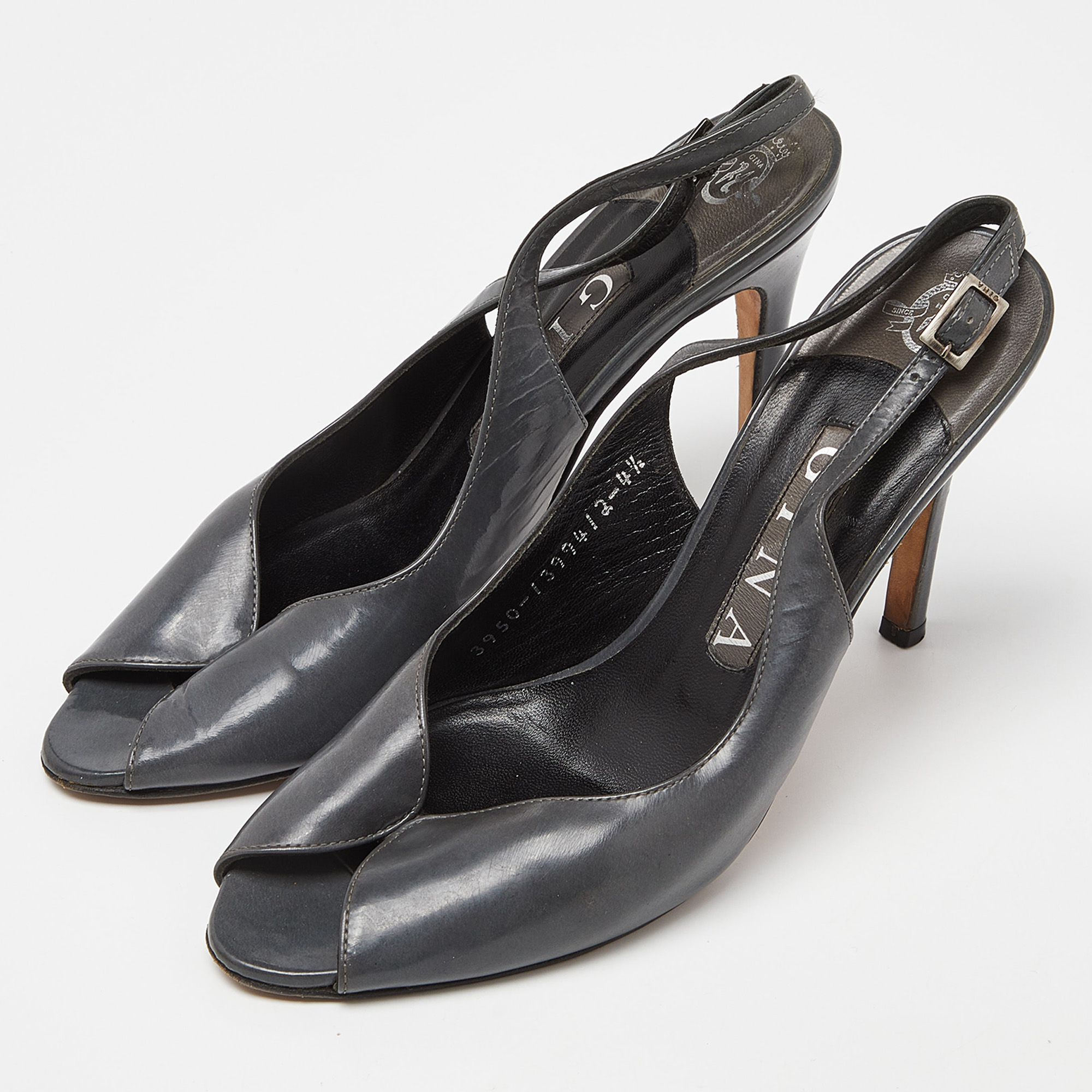 Gina Grey Leather Open Toe Slingback Sandals Size 37.5 