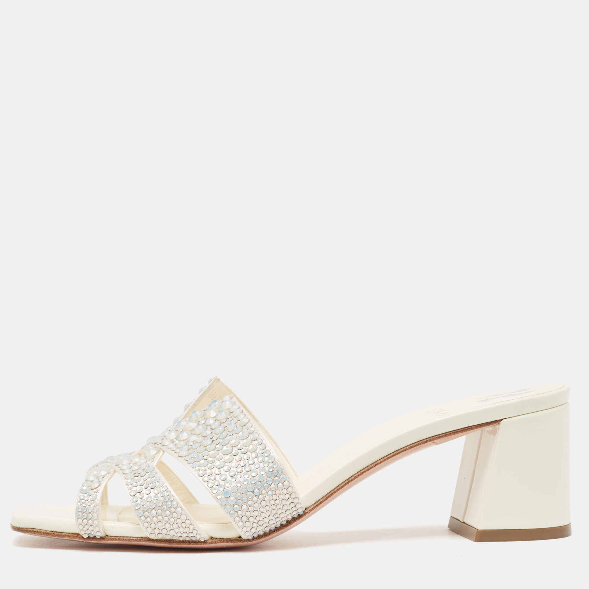 

Gina Cream Crystal Embellished Leather Orsay Block Heel Slide Sandals Size