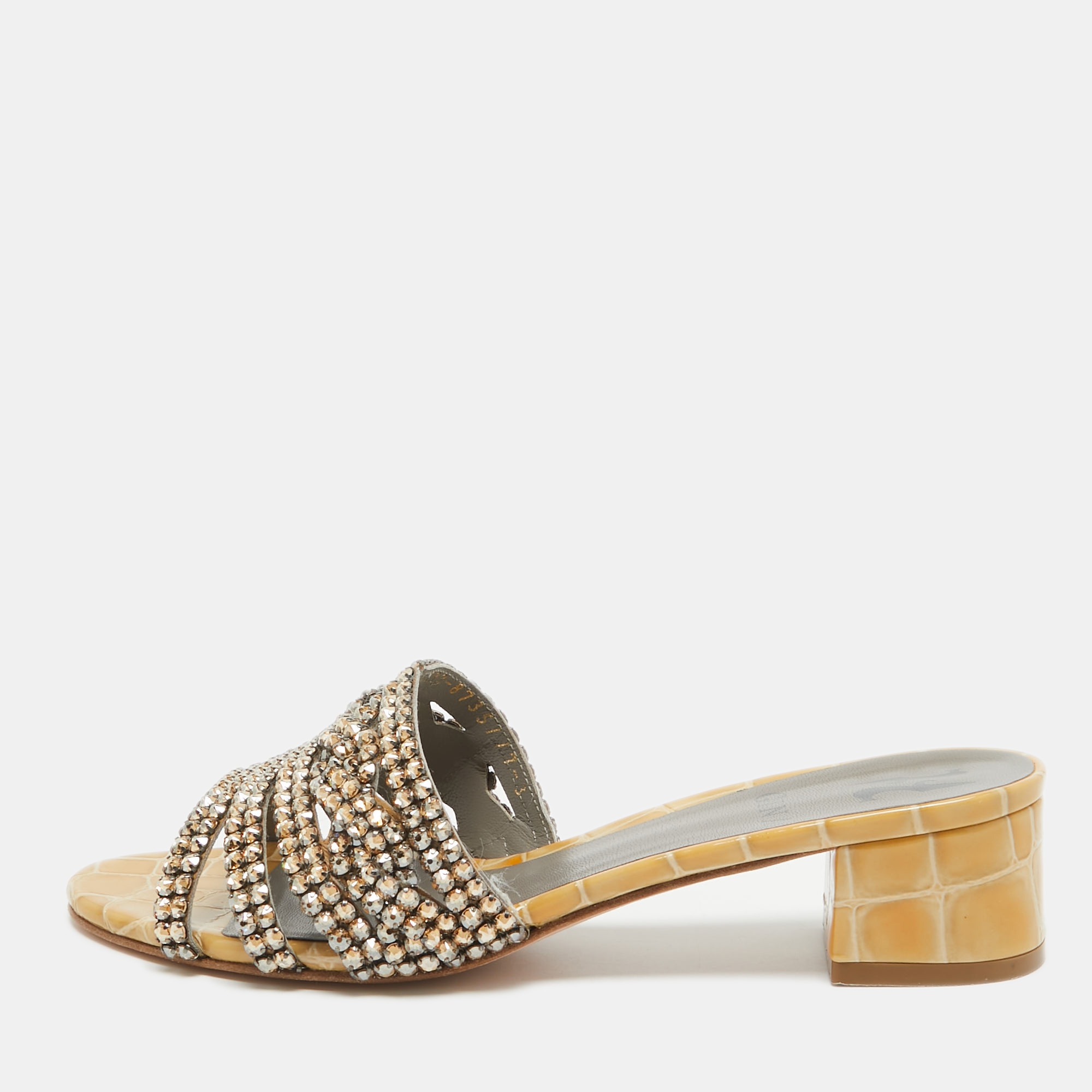 

Gina Beige Croc Embossed Patent Leather Rodeo Crystal Embellished Slide Sandals Size 36