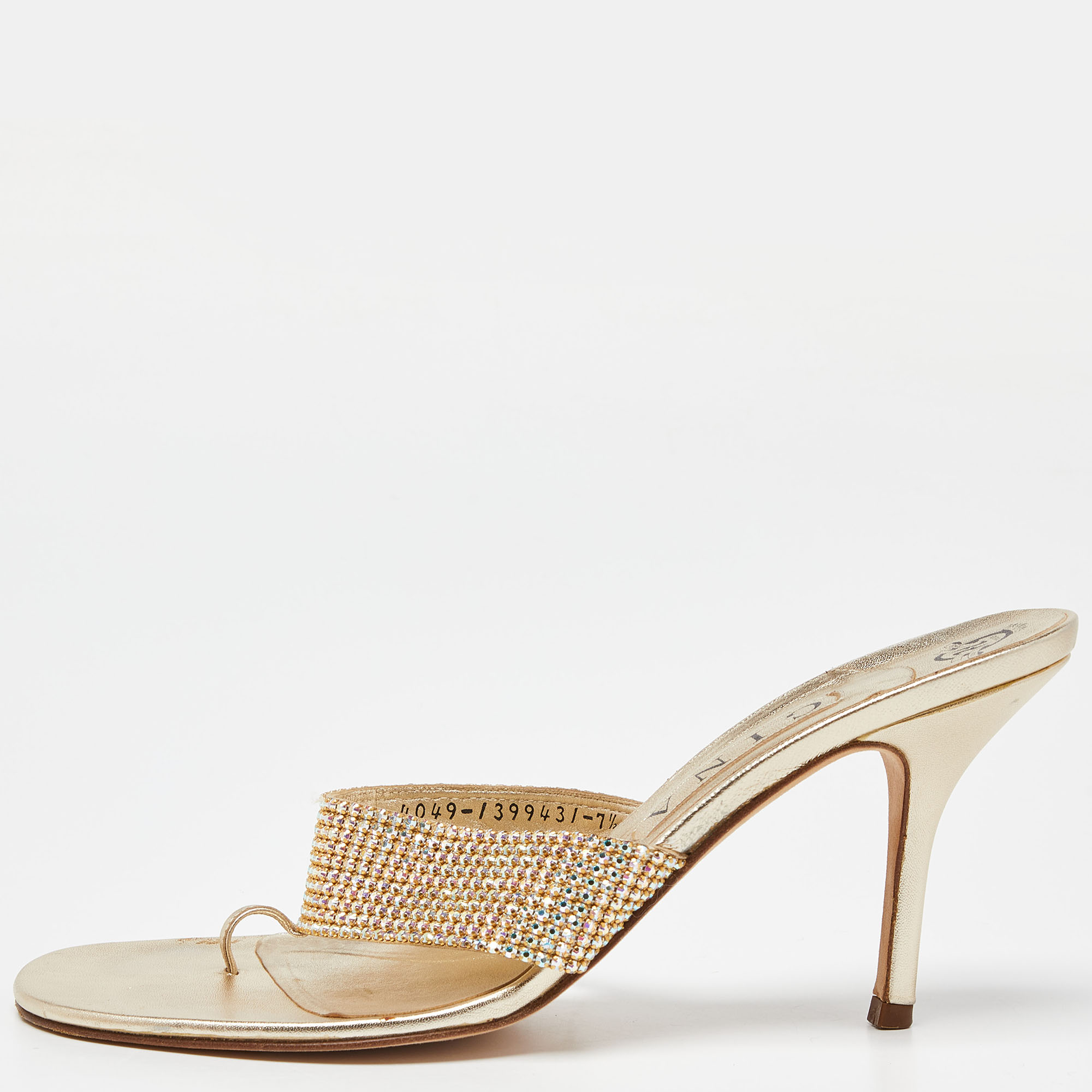 

Gina Gold Crystal Embellished Leather Thing Slide Sandals Size 40.5