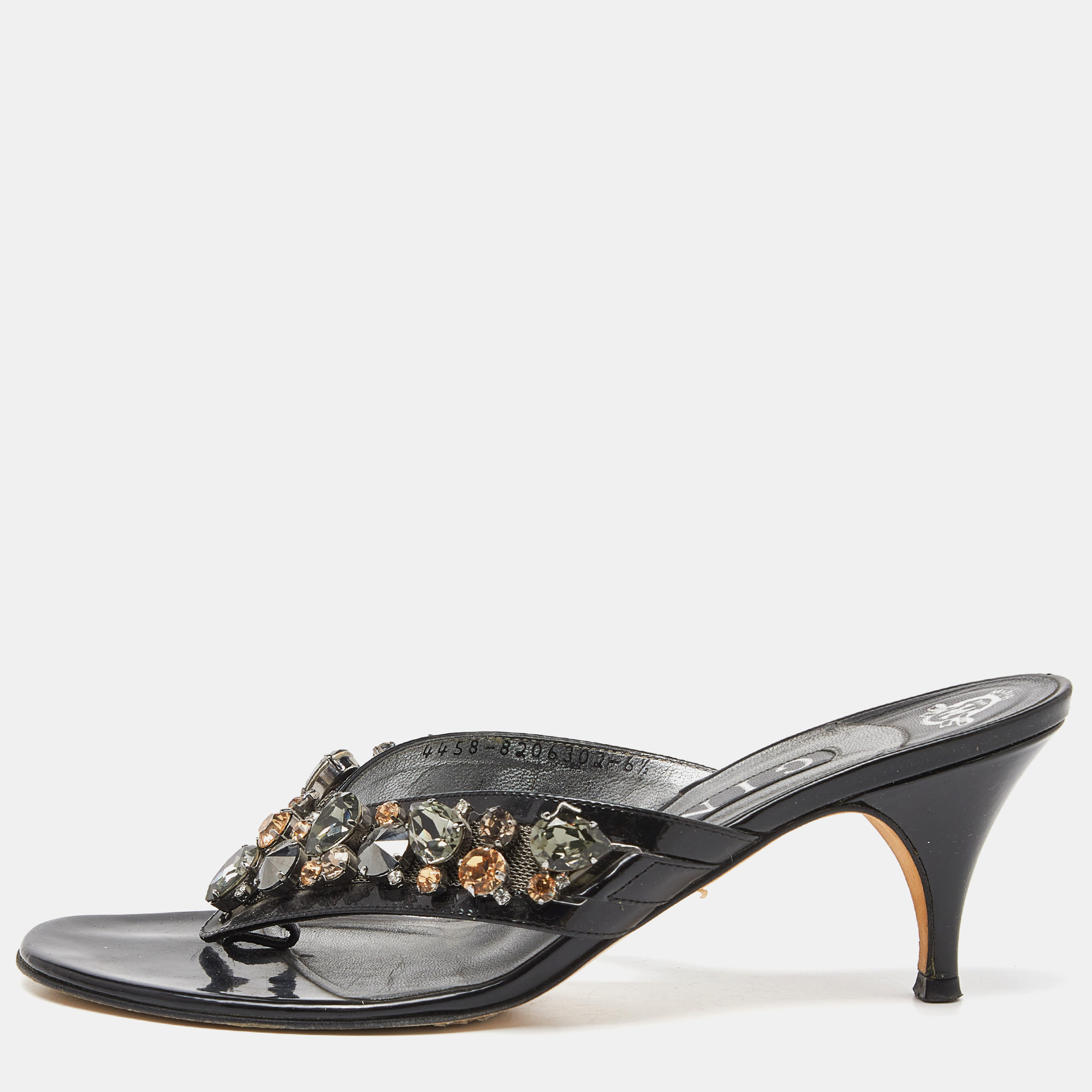

Gina Black Patent Leather Crystal Embellished Thong Slide Sandals 39.5