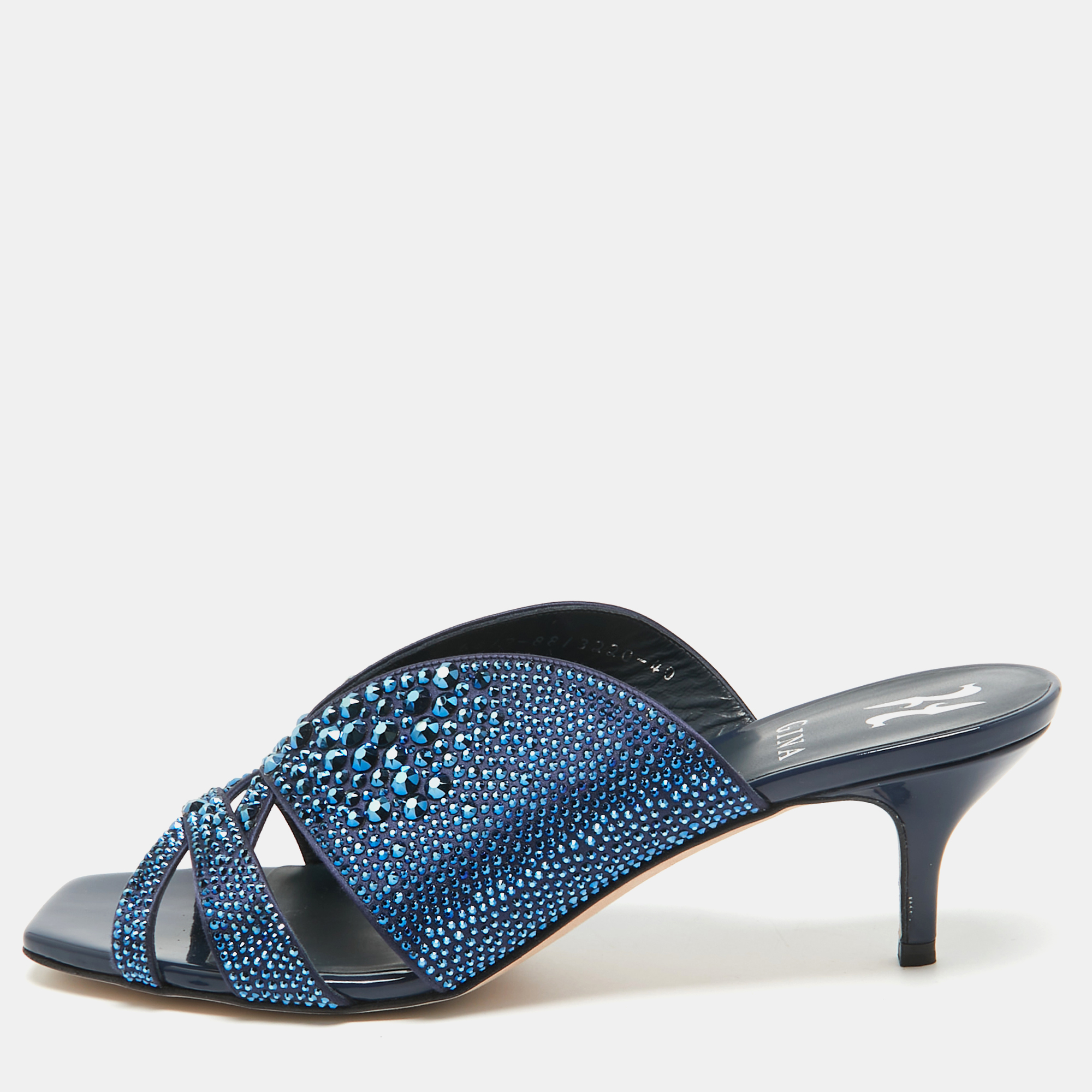 

Gina Blue Satin Crystal Embellished Slide Sandals Size