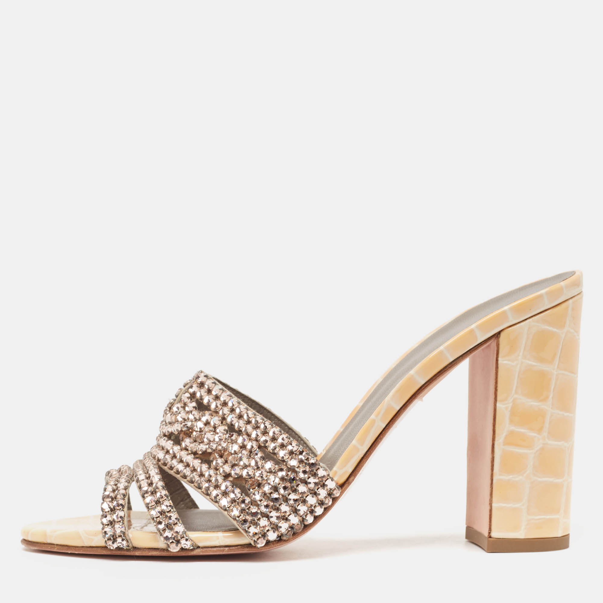 Gina Beige/Pink Crystal Embellished Leather Block Heel Slide Sandals Size 38.5