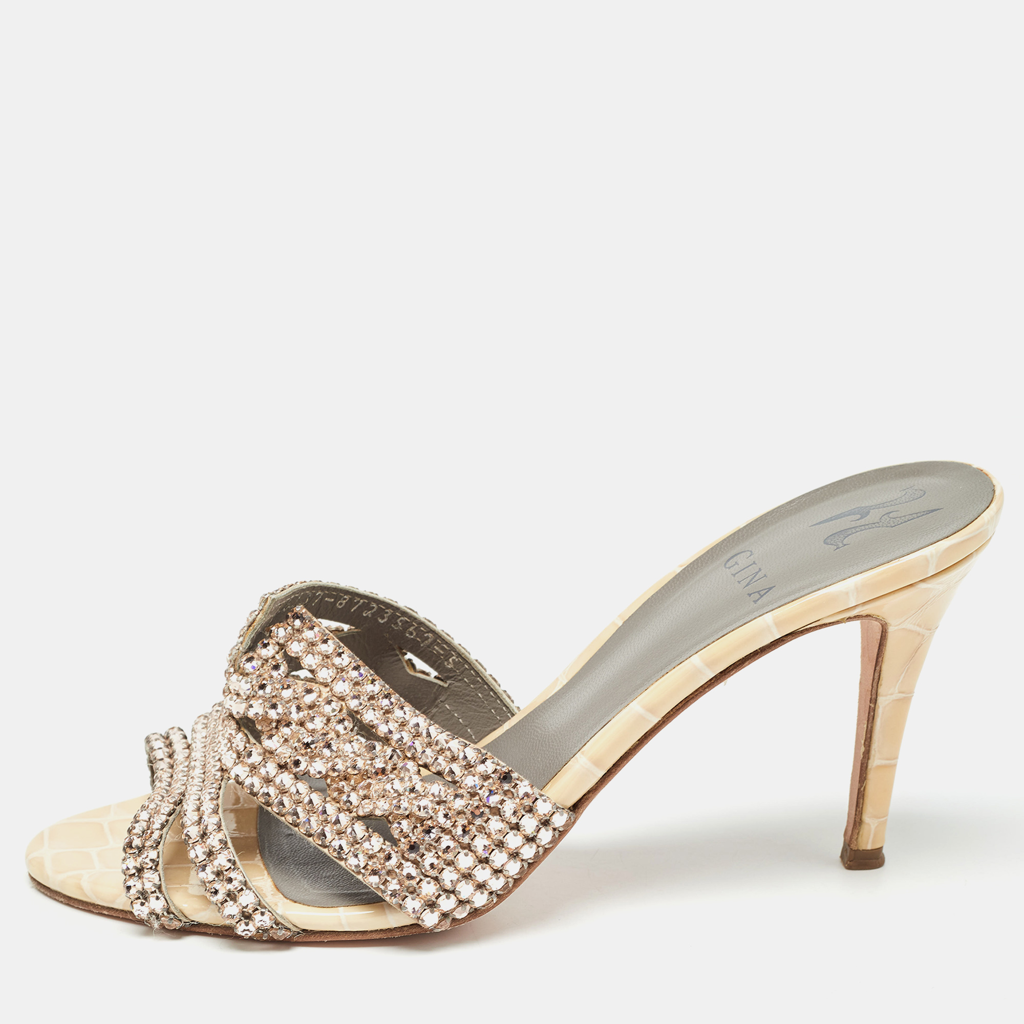 Pre-owned Gina Pink/beige Crystal Embellished Leather Open Toe Slide Sandals Size 38