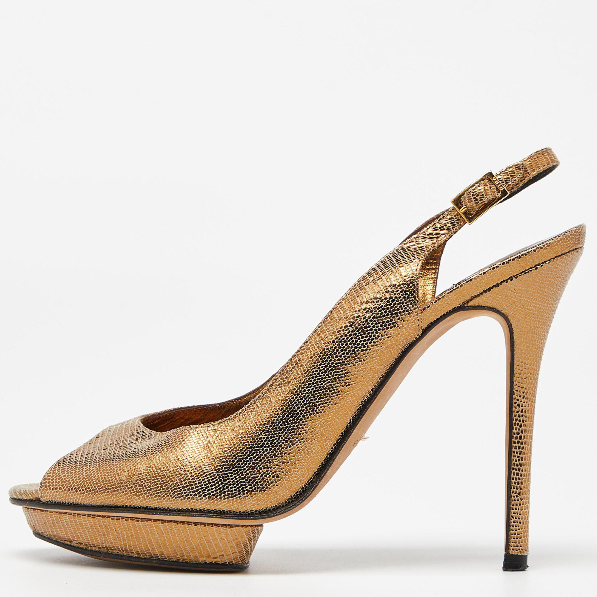 

Gina Metallic Gold Lizard Embossed Leather Platform Peep Toe Slingback Sandals Size