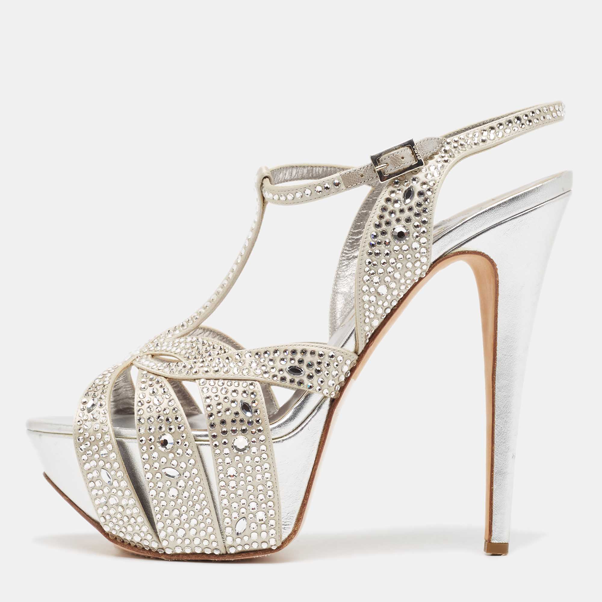 

Gina Silver Crystal Embellished Satin Cut Out Platform Ankle Strap Sandals Size 40