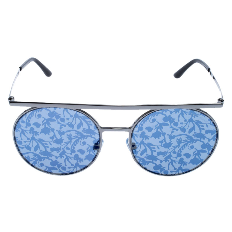 

Giorgio Armani Gunmetal Tone/ Silver and Blue Flower Pad Print AR 6069 Round Sunglasses, Black