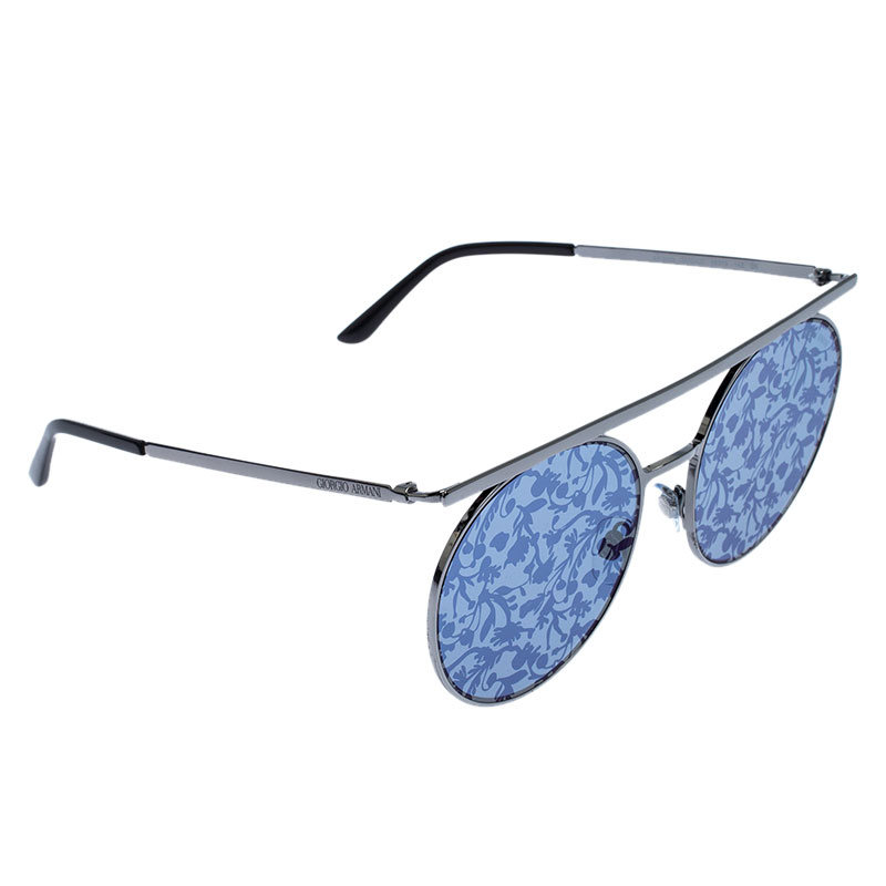 Pre Owned Giorgio Armani Gunmetal Tone/ Silver and Blue Flower Pad Print AR 6069 Round Sunglasses