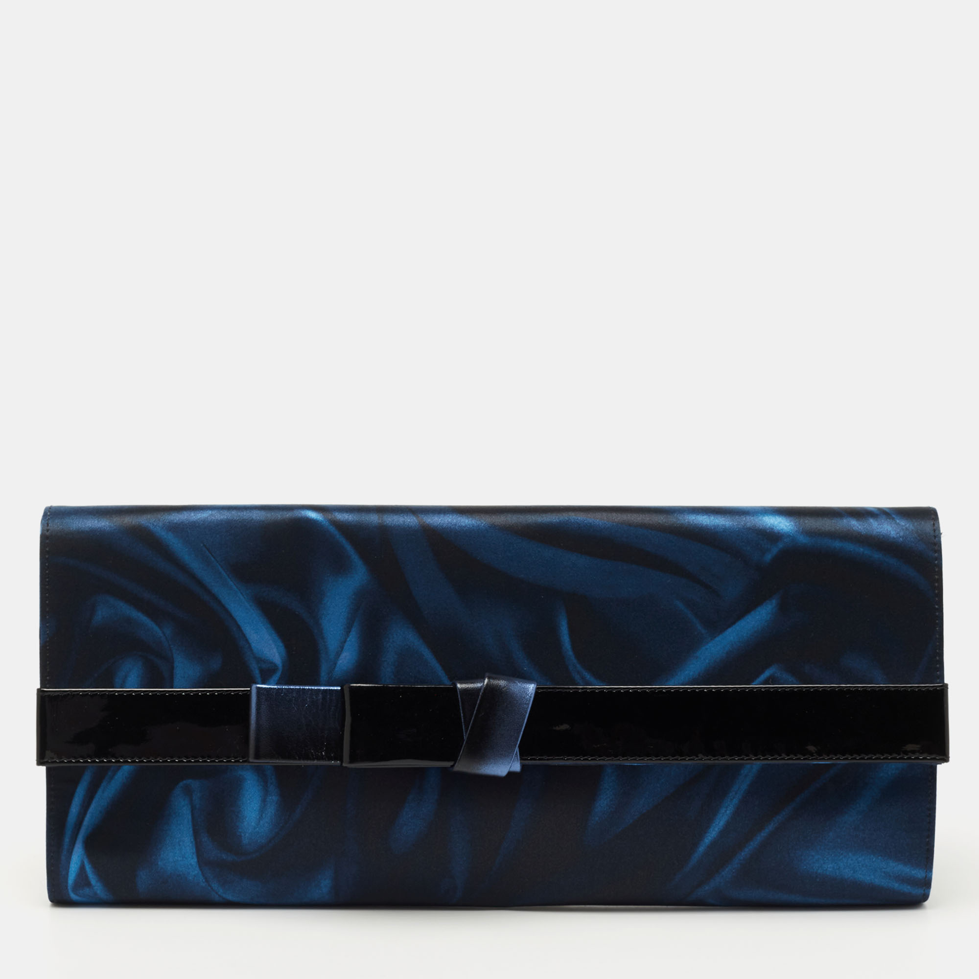 Pre-owned Giorgio Armani Navy Blue/black Nylon And Patent Leather Oversized Bow Clutch
