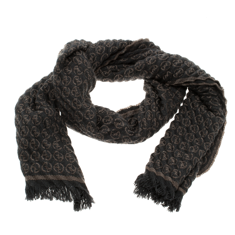 Pre Owned Giorgio Armani Brown and Grey Wool Logo Detail Woven Muffler