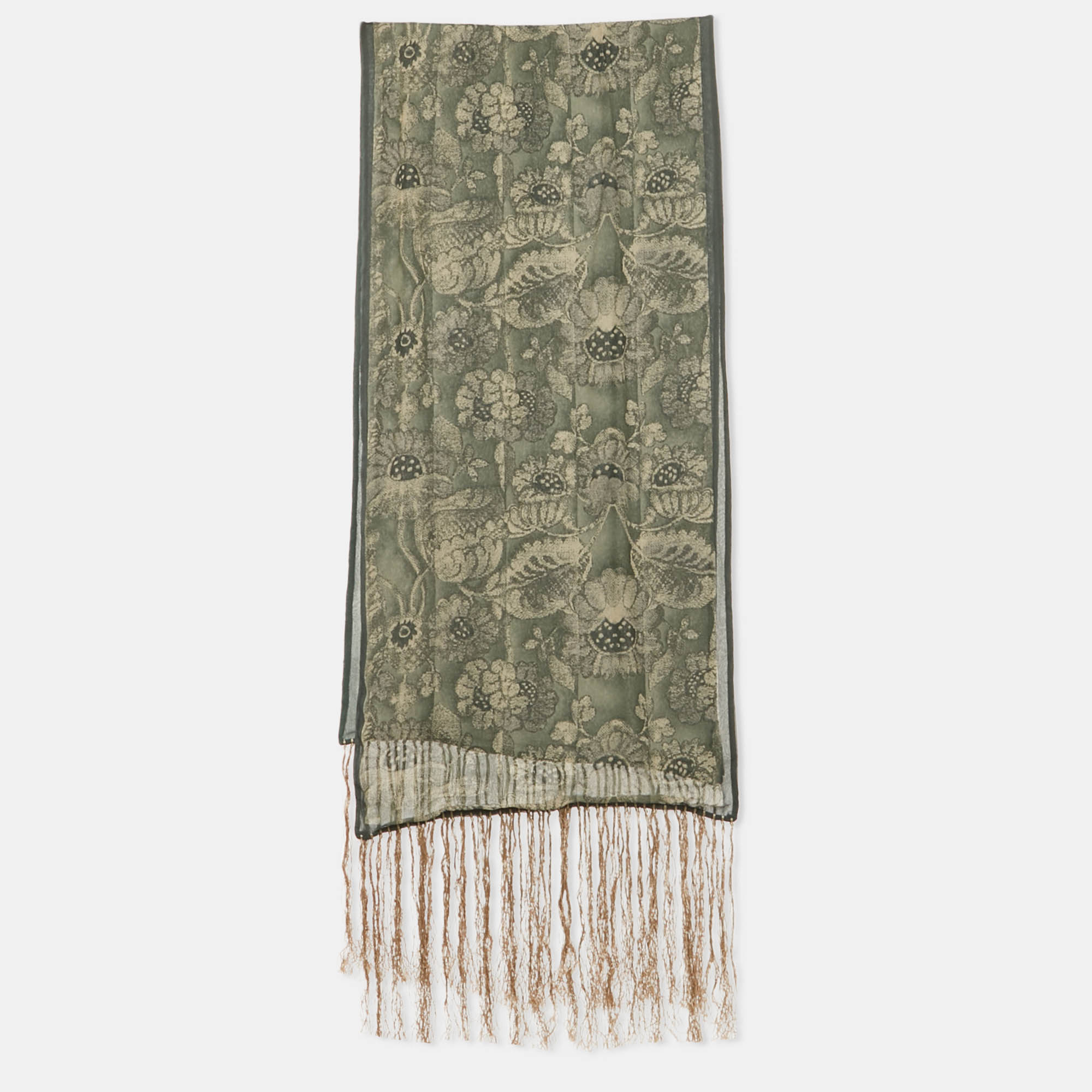 Pre-owned Giorgio Armani Le Collezioni Green Print Silk Fringed Scarf