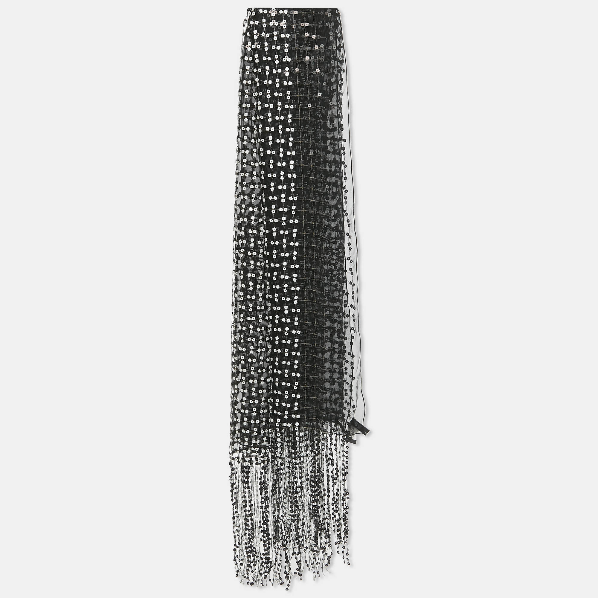 Pre-owned Giorgio Armani Black Sequin Crepe Fringed Stole