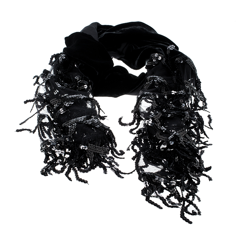 

Giorgio Armani Black Sequined Tassel Detail Velvet Scarf