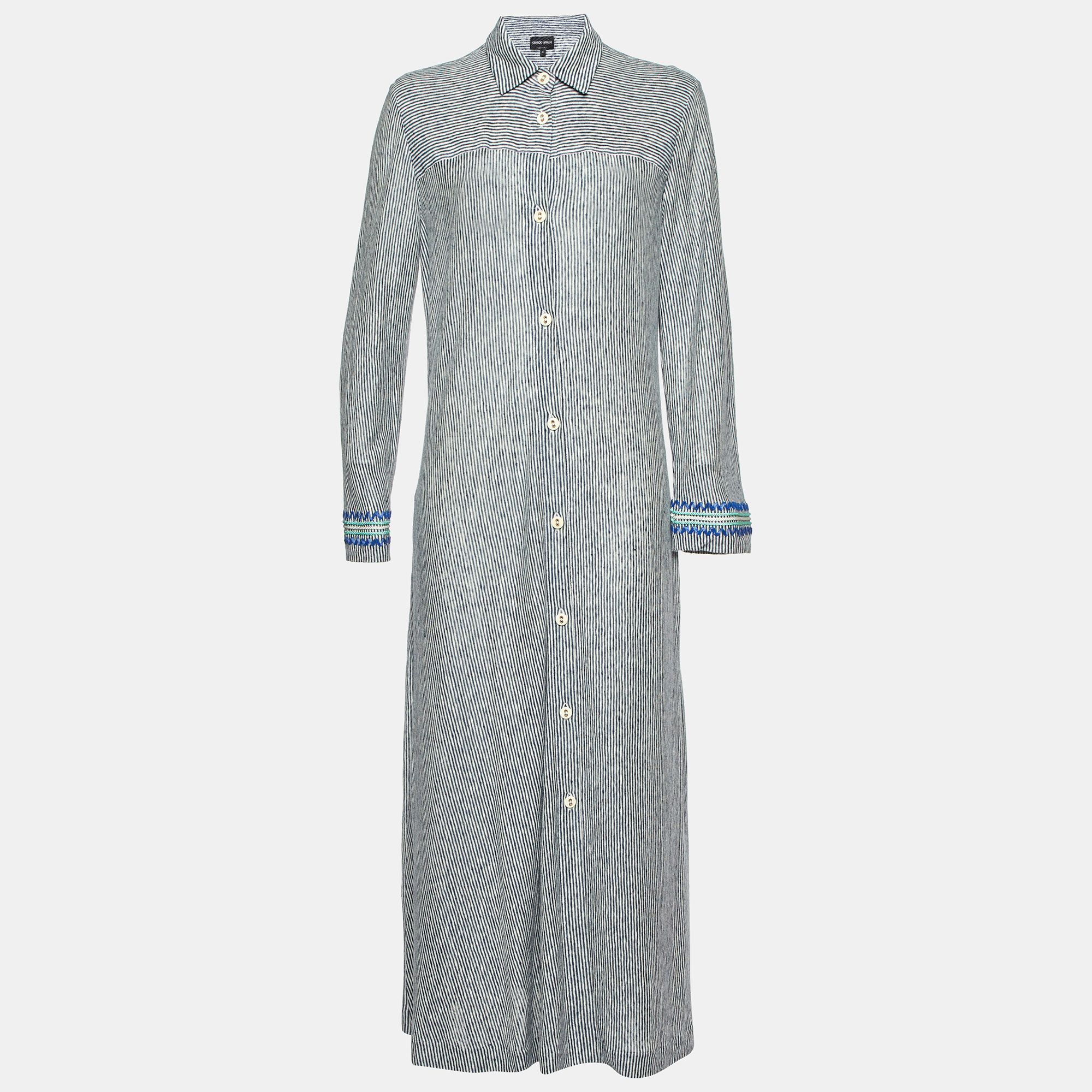 

Giorgio Armani Navy Blue/White Linen and Cotton Knit Long Shirt Dress M