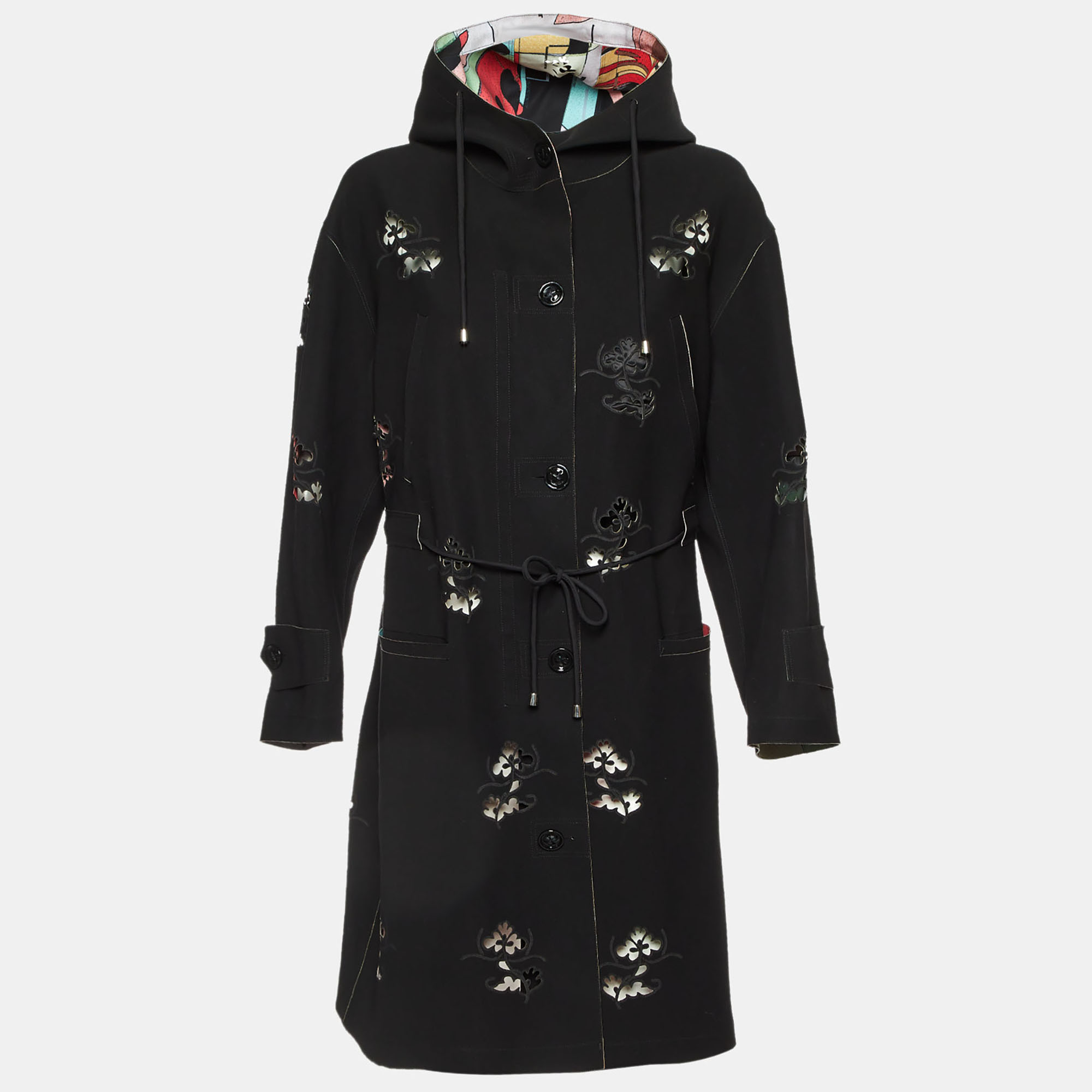 

Giorgio Armani Black Laser Cut Work Detail Hooded Overcoat L