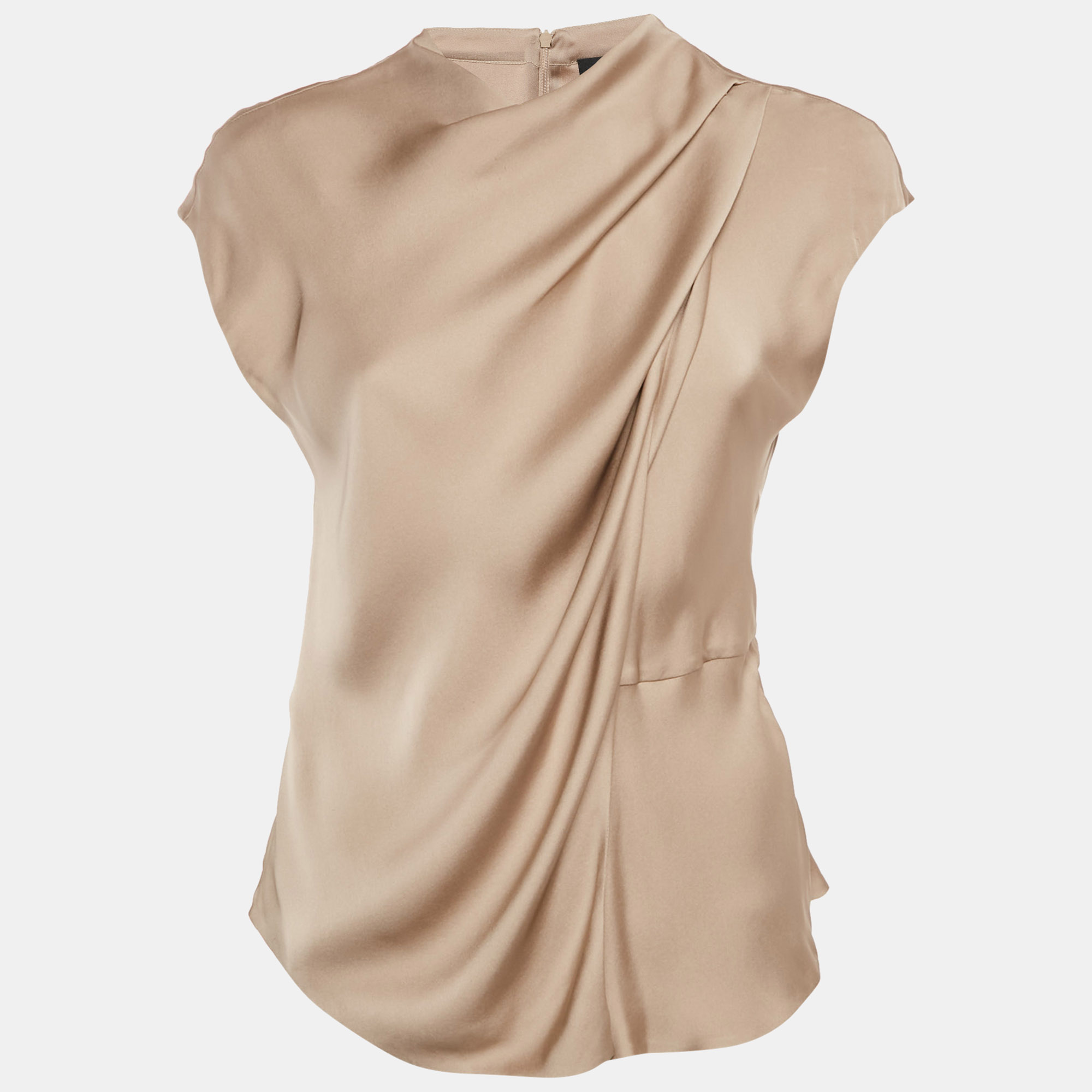 Pre-owned Giorgio Armani Beige Satin Cowl Neck Cap Sleeve Top M In Sand