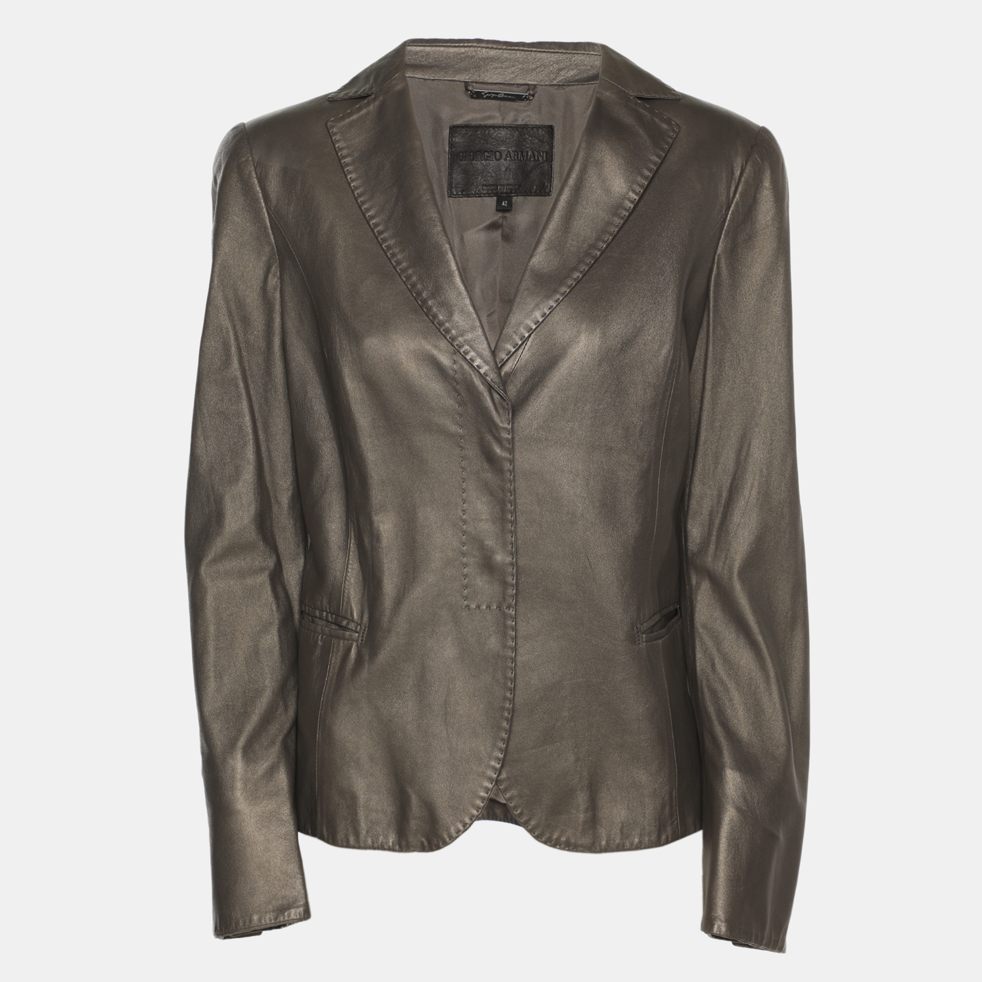 Pre-owned Giorgio Armani Metallic Olive Lambskin Blazer M In Silver