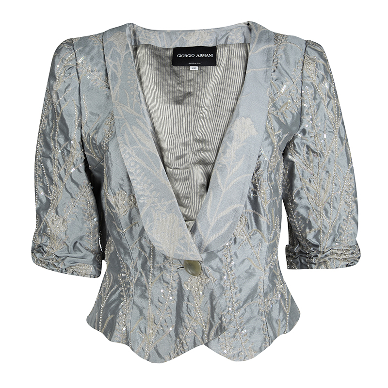 Giorgio Armani Grey Floral Jacquard Silk Embellished Cropped Jacket L