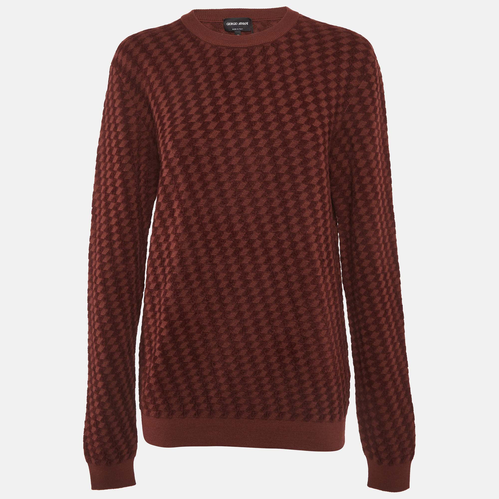 Pre-owned Giorgio Armani Geo Pattern Knit Crewneck Sweater L In Brown
