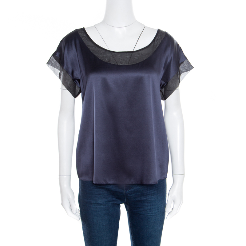 Pre Owned Giorgio Armani Navy Blue Mulberry Silk Satin Contrast Organza Trim Top L