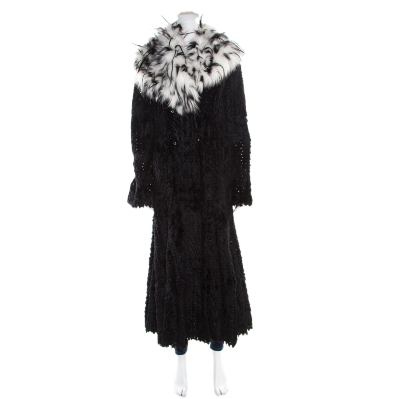 Giorgio Armani Black Sheared Mink Contrast Fox Collar Long Coat L