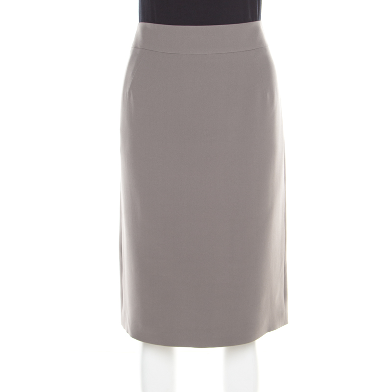Pre Owned Giorgio Armani Grey Silk Back Slit Detail Pencil Skirt L