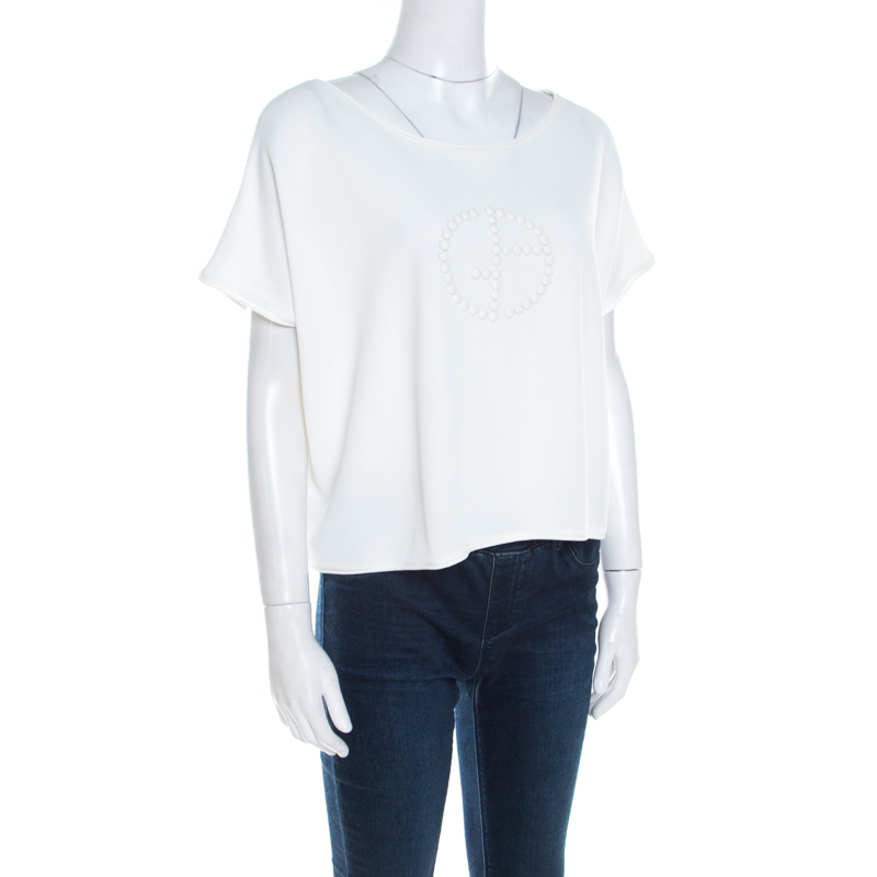 

Giorgio Armani Off White Knit Studded Logo Detail Cropped T-Shirt