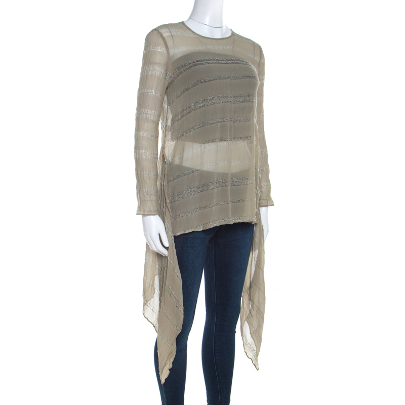 Pre-owned Giorgio Armani Sage Green Sheer Linen Silk Asymmetric Hem Long Sleeve Blouse M