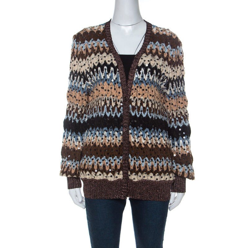 Pre Owned Missoni Multicolor Knit Metallic Rib Trim Sequinned Cardigan L