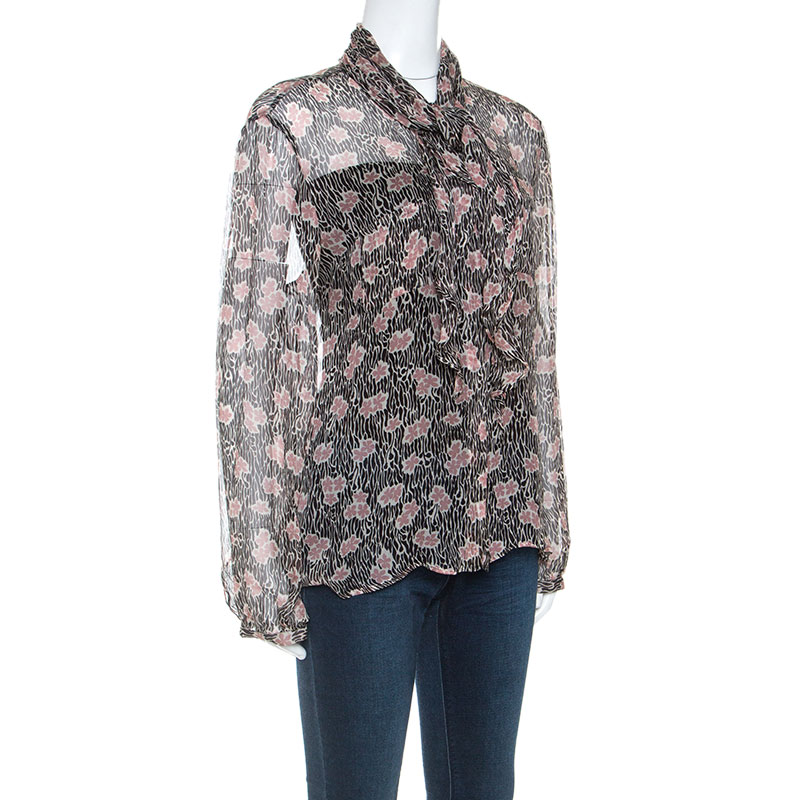 Pre-owned Giorgio Armani Black And Pink Floral Print Sheer Silk Blouse L In Multicolor