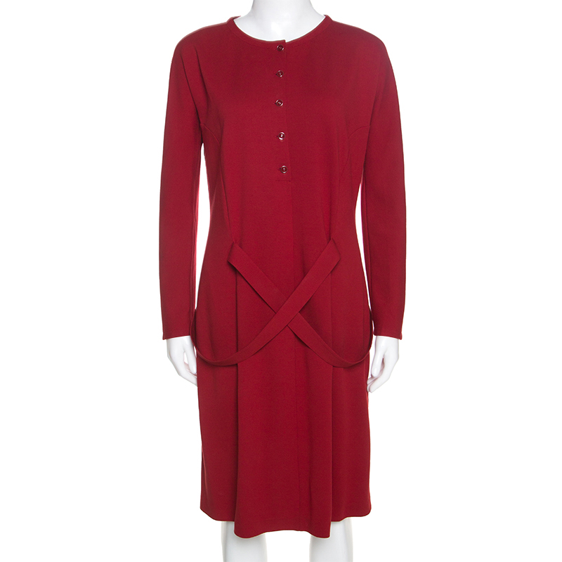 Pre Owned Giorgio Armani Red Stretch Knit Belt Detail Dress M