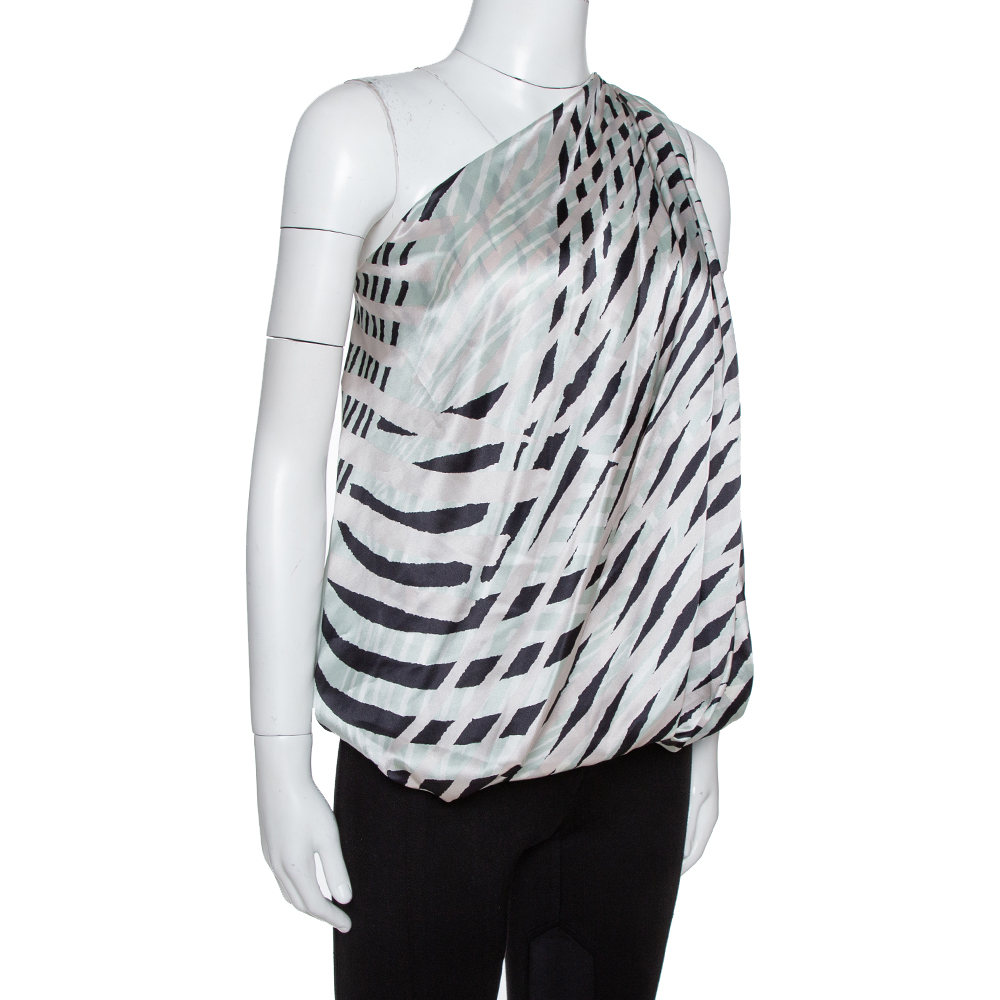 

Giorgio Armani Light Grey Printed Silk Draped One-Shoulder Top