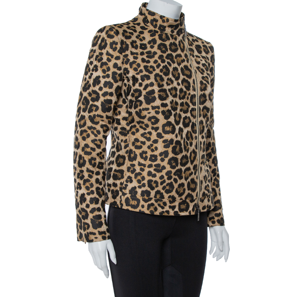 

Giorgio Armani Leopard Pattern Jacquard Zip Front Jacket, Brown