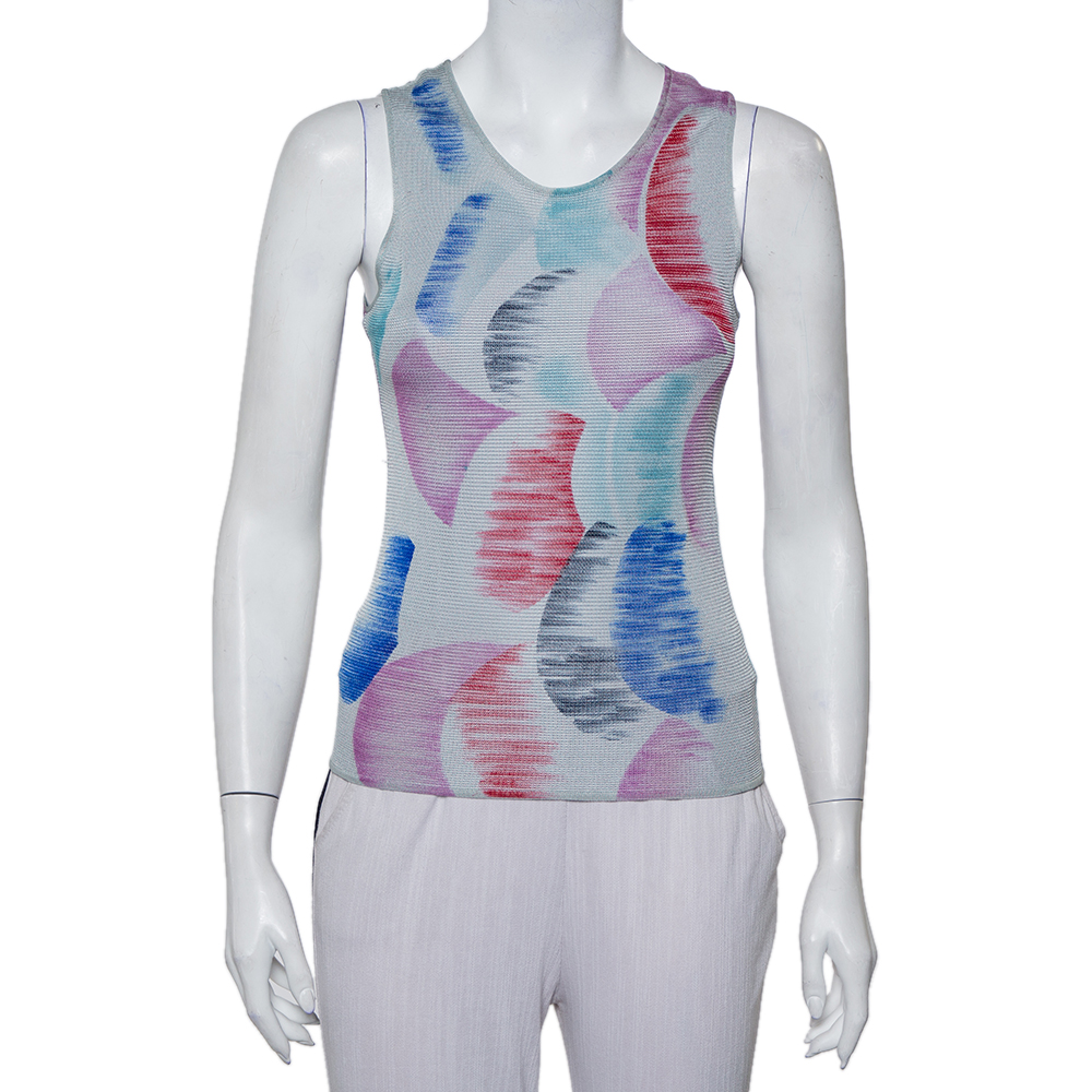 Pre-owned Giorgio Armani Grey Watercolor Printed Perforated Knit Tank Top Xs