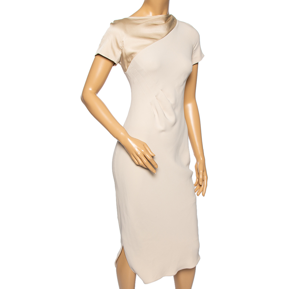 

Giorgio Armani Cream Silk Contrast Asymmetric Yolk Paneled Midi Dress