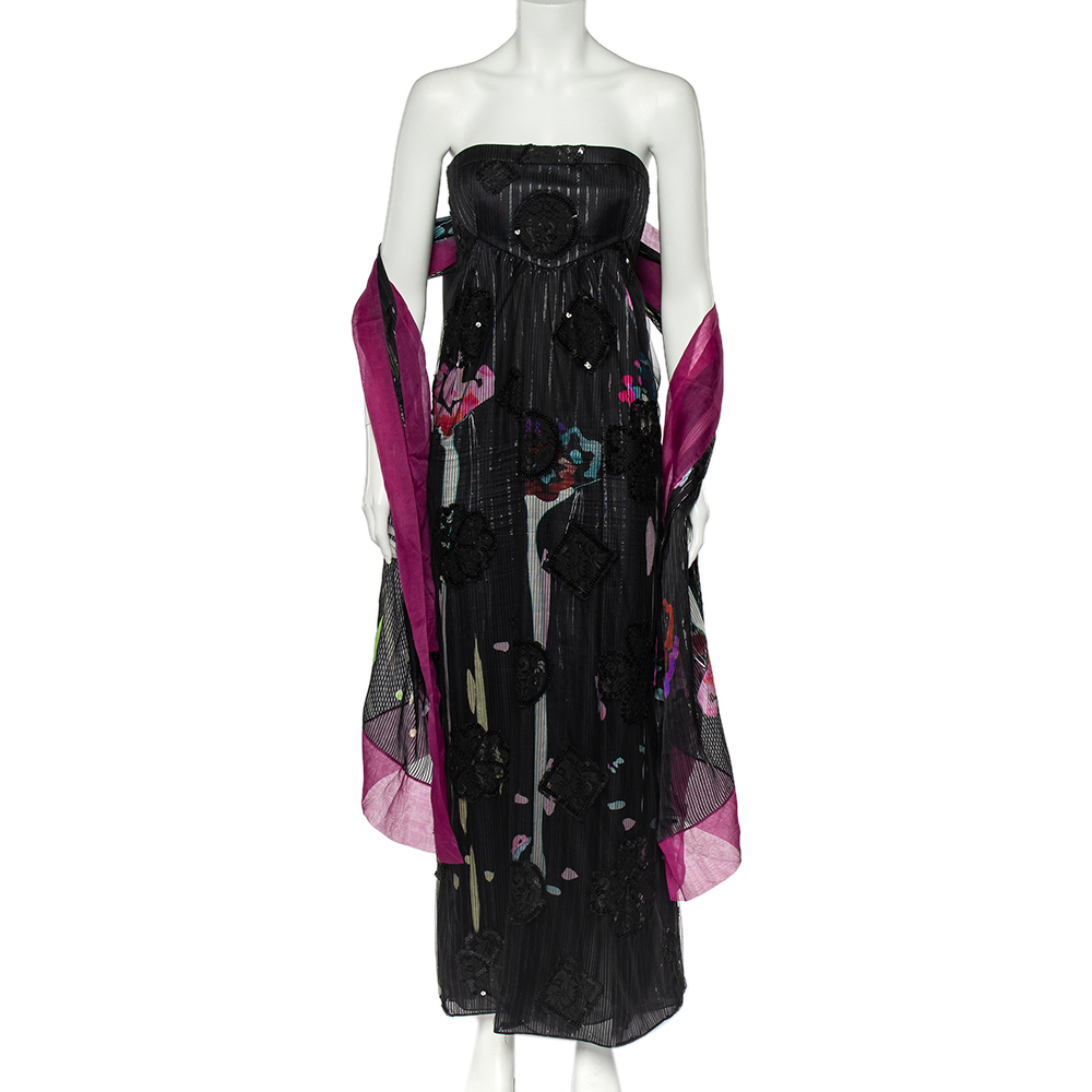 

Giorgio Armani Black Printed Silk & Embellished Tulle Scarf Detail Strapless Gown