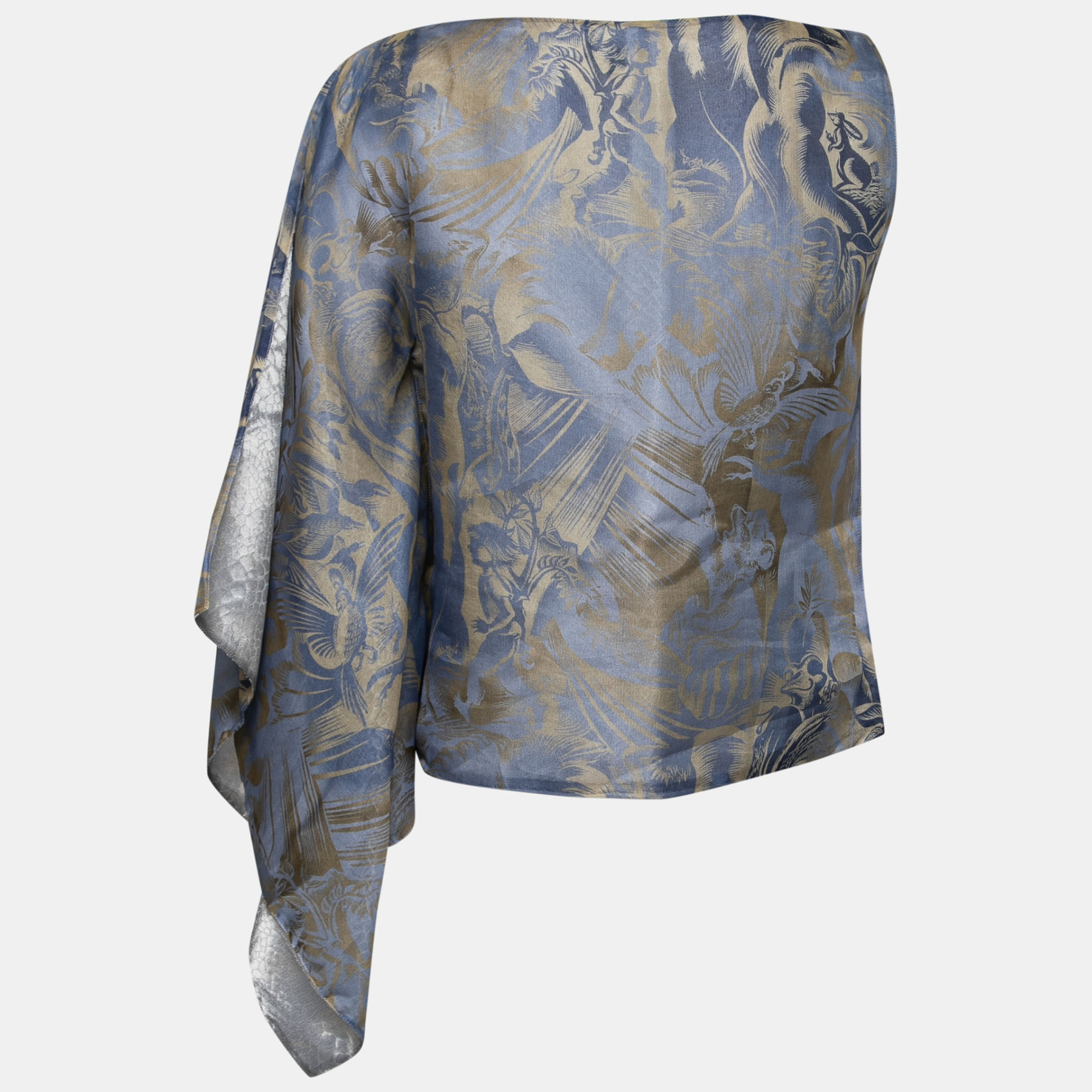 

Giorgio Armani Blue Printed Silk Organza Asymmetric Sleeve Detailed Top