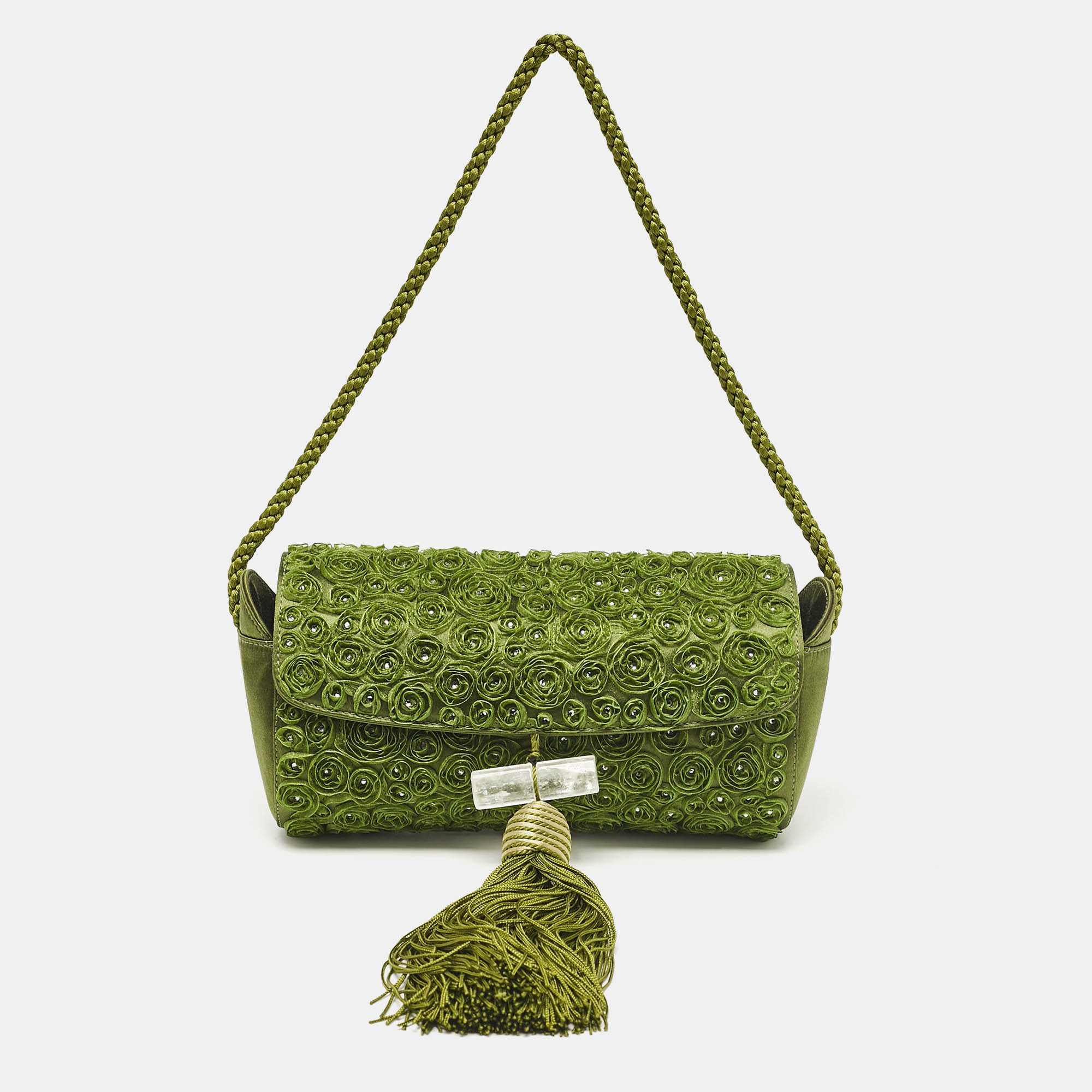 

Giorgio Armani Olive Green Satin Floral Applique Tassel Bag