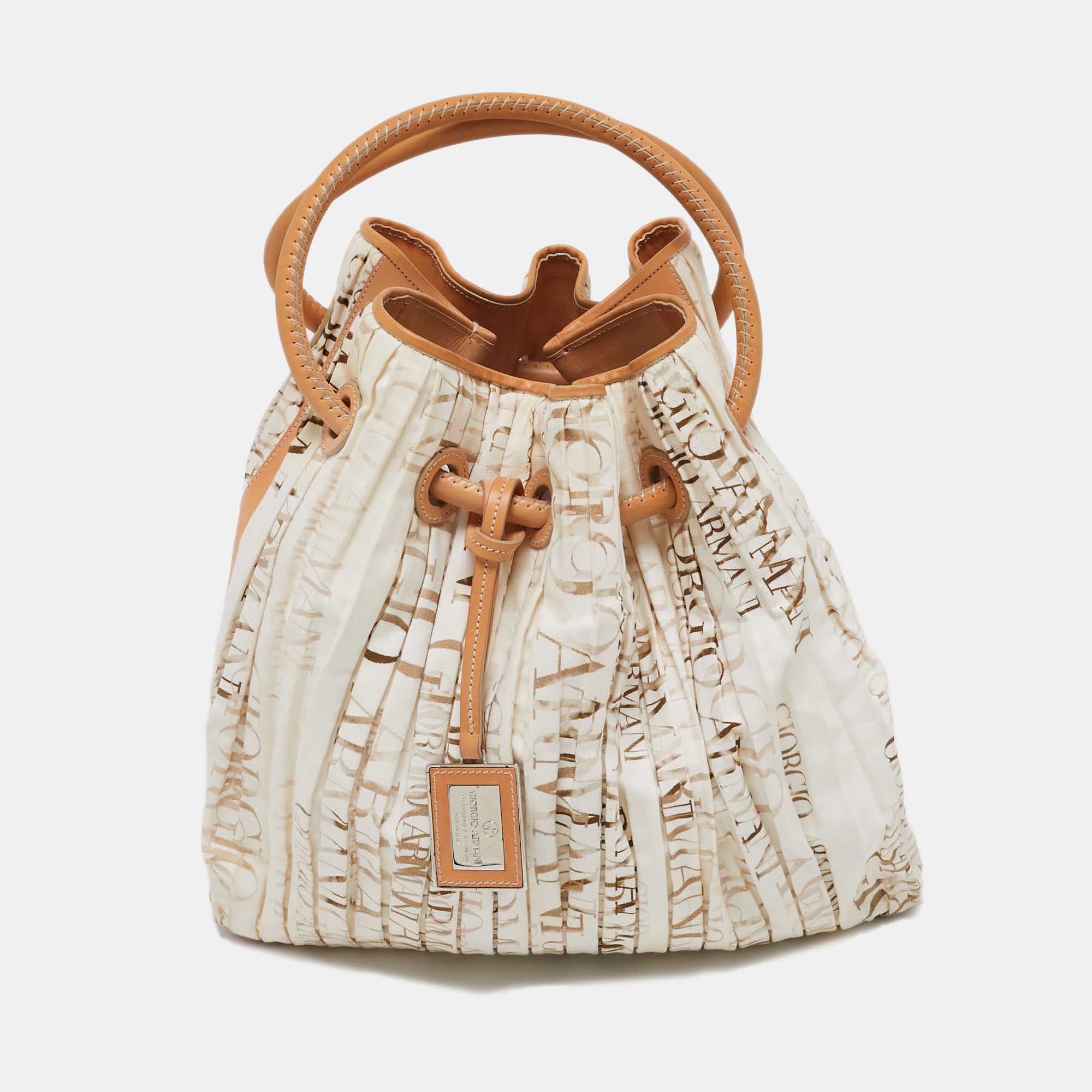 

Giorgio Armani White/Brown Print Canvas and Leather Pleated Ring Handle Hobo