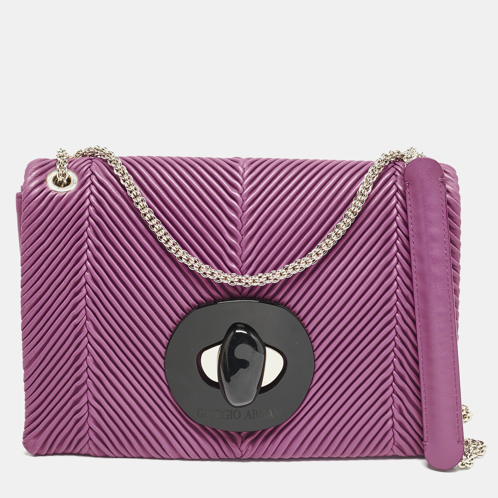 Pre-owned Giorgio Armani Fuchsia Textured Leather Flap Chain Bag