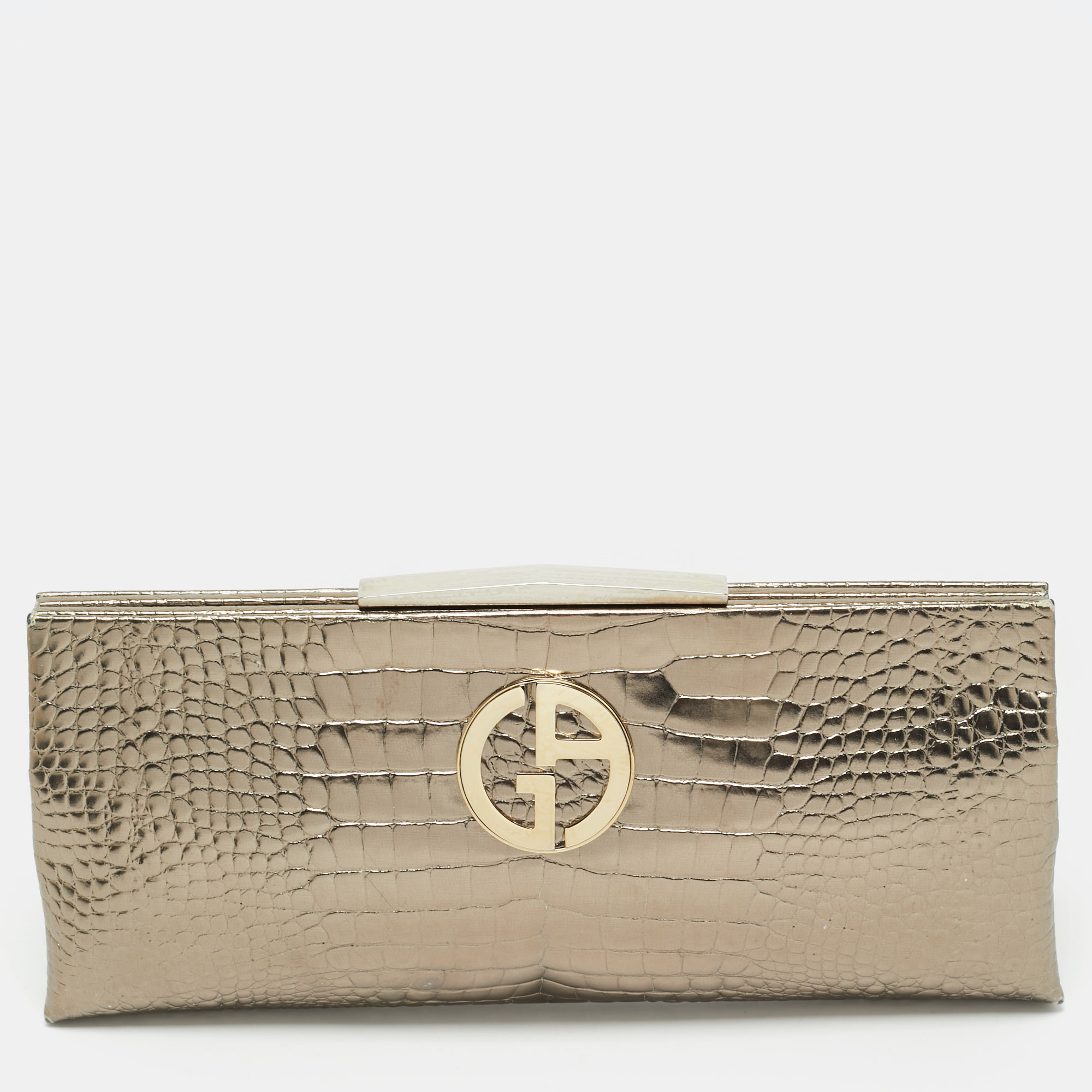 

Giorgio Armani Gold Croc Embossed Patent Leather Frame Clutch