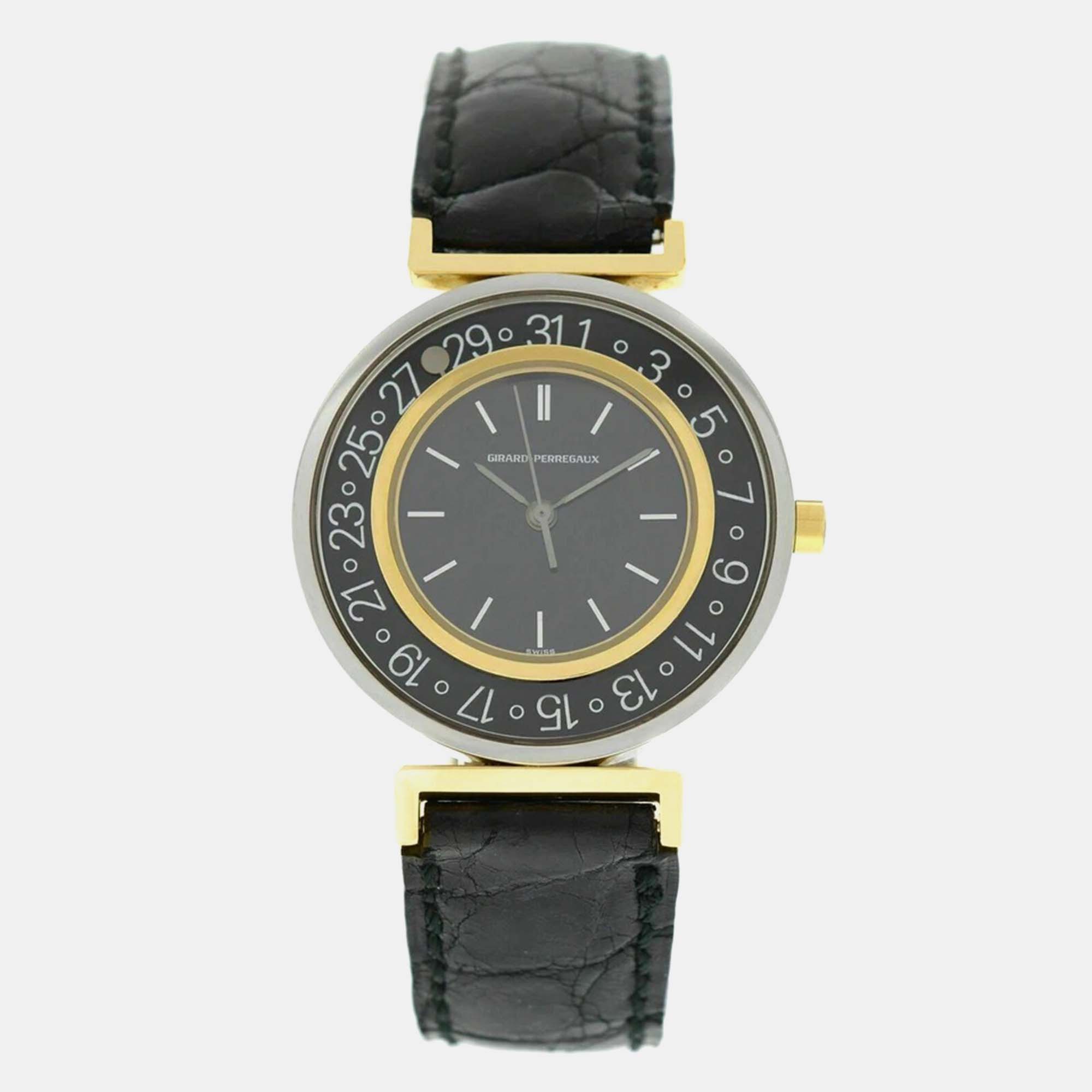 Pre-owned Girard-perregaux Integrale Quartz Stainless Steel Yellow Gold Women's Wristwatch 32mm In Black