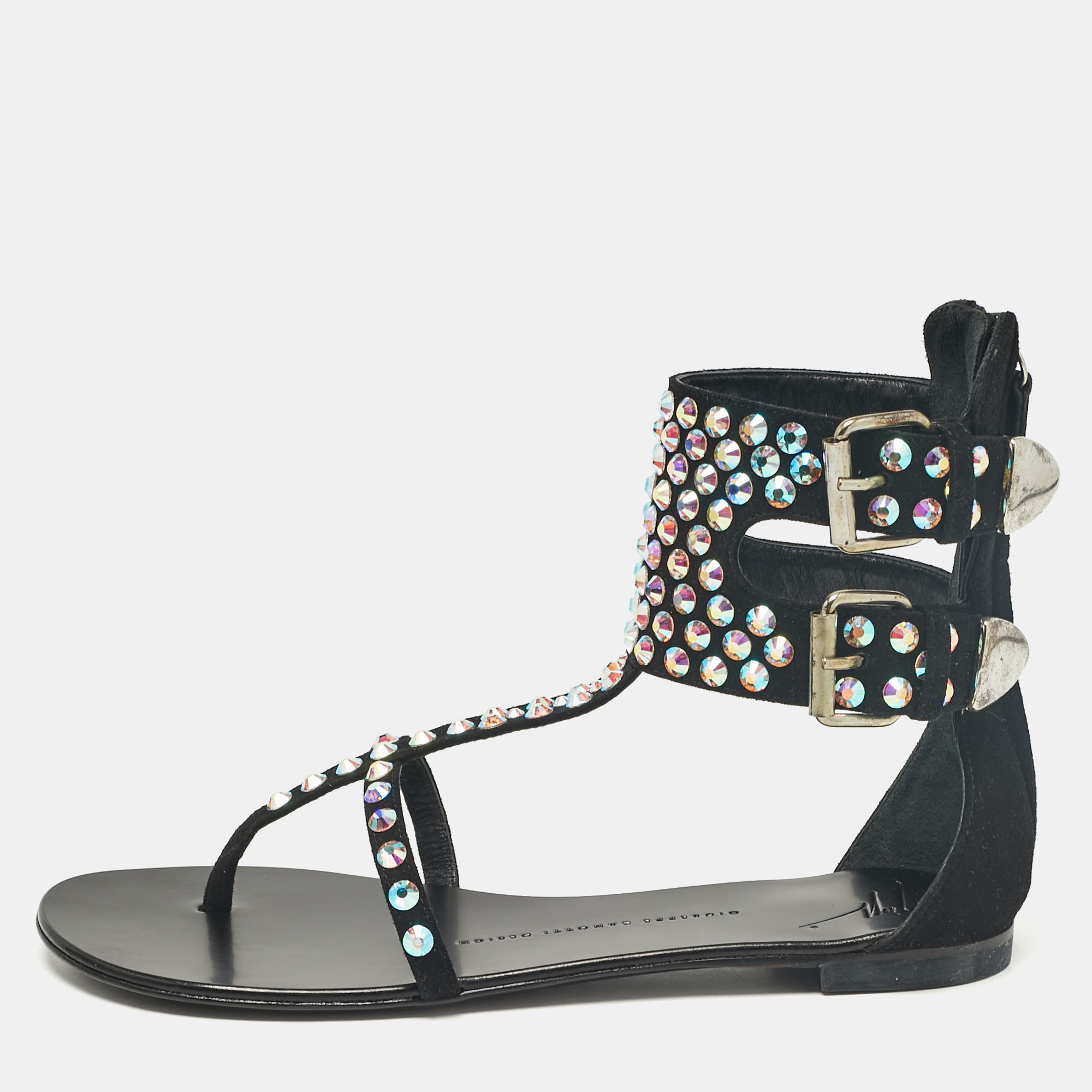 

Giuseppe Zanotti Black Suede Crystal Embellished Thong Ankle Cuff Flat Sandals Size